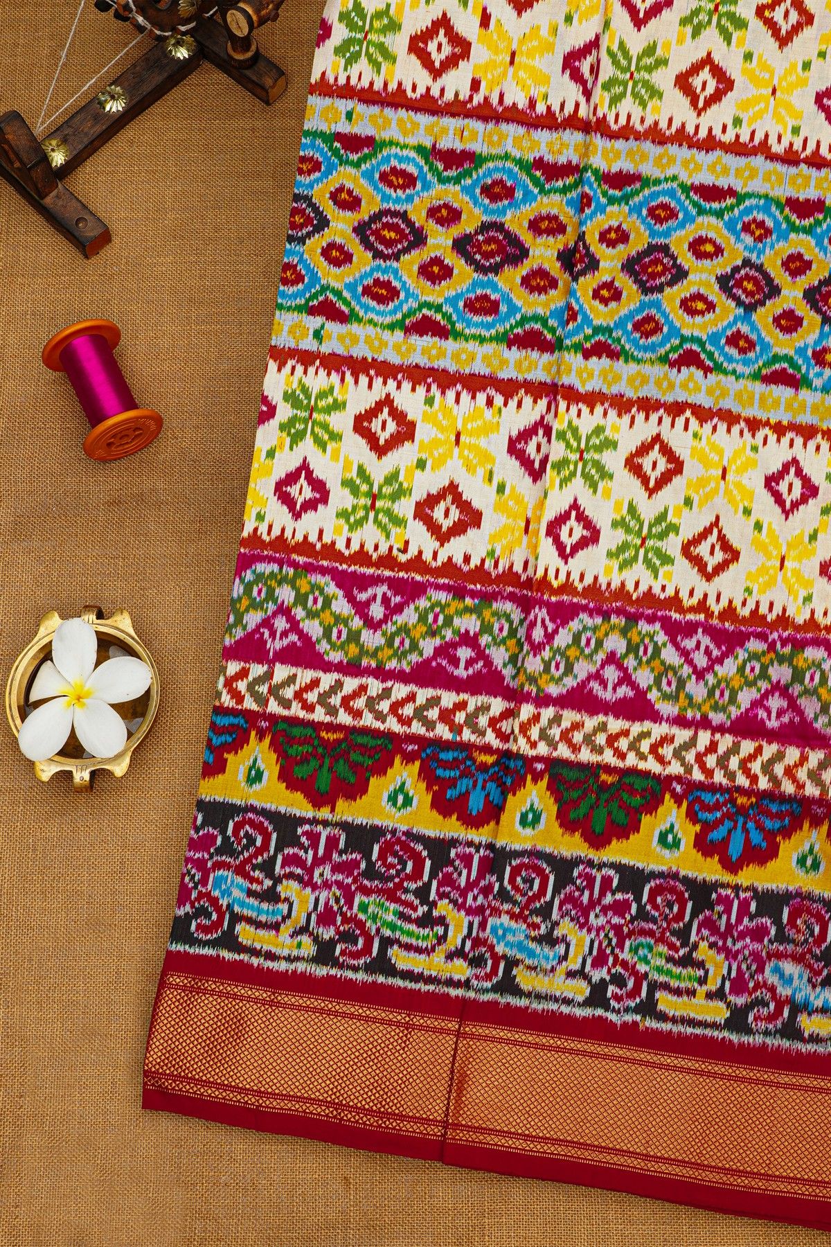 Ikat Silk Multi-Colour Saree With Florals And Buttis Body