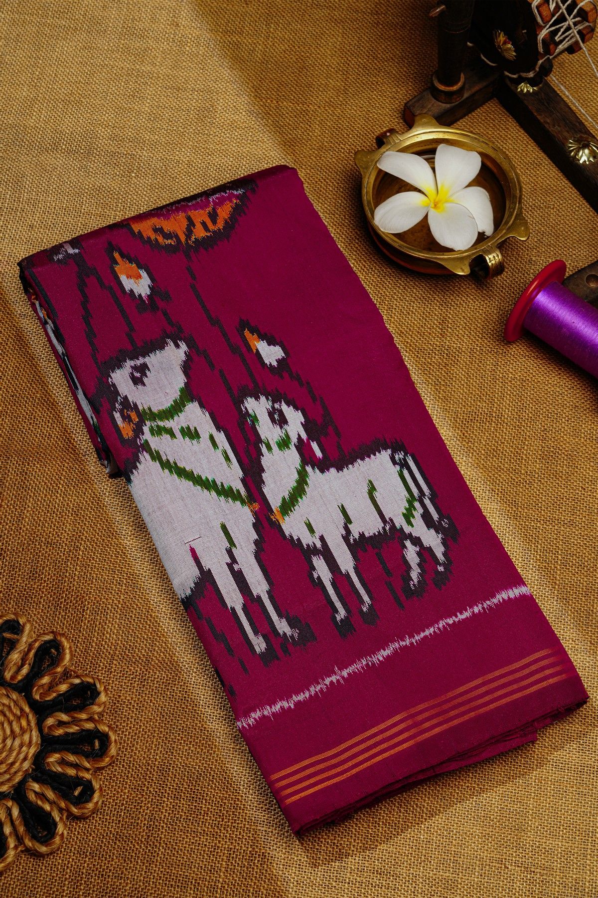 Ikat Silk Magenta Saree With Florals And Pichwai Cows Body