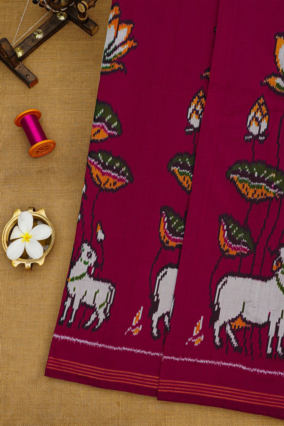 Ikat Silk Magenta Saree With Florals And Pichwai Cows Body
