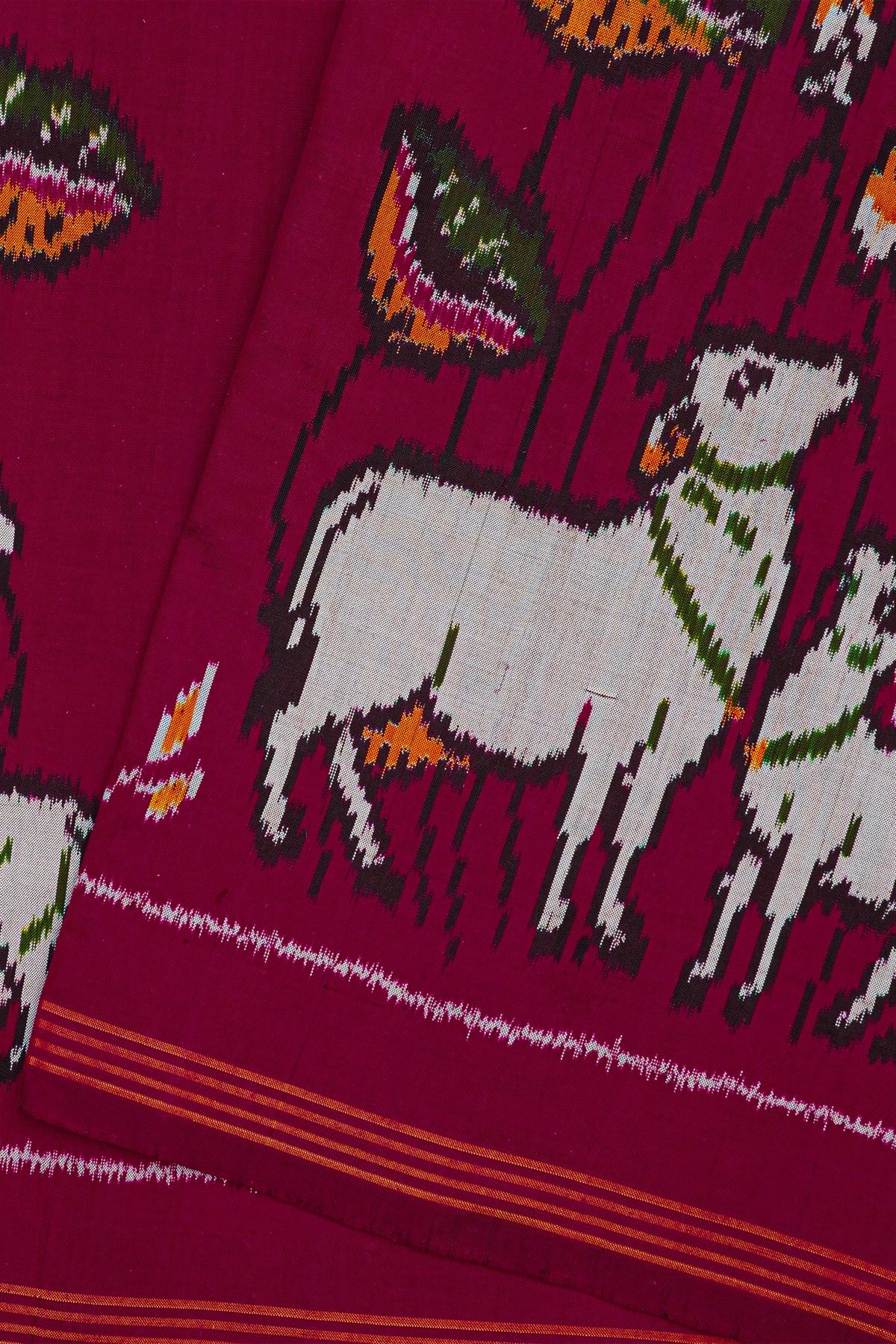 Ikat Silk Magenta Saree With Florals And Pichwai Cows Body