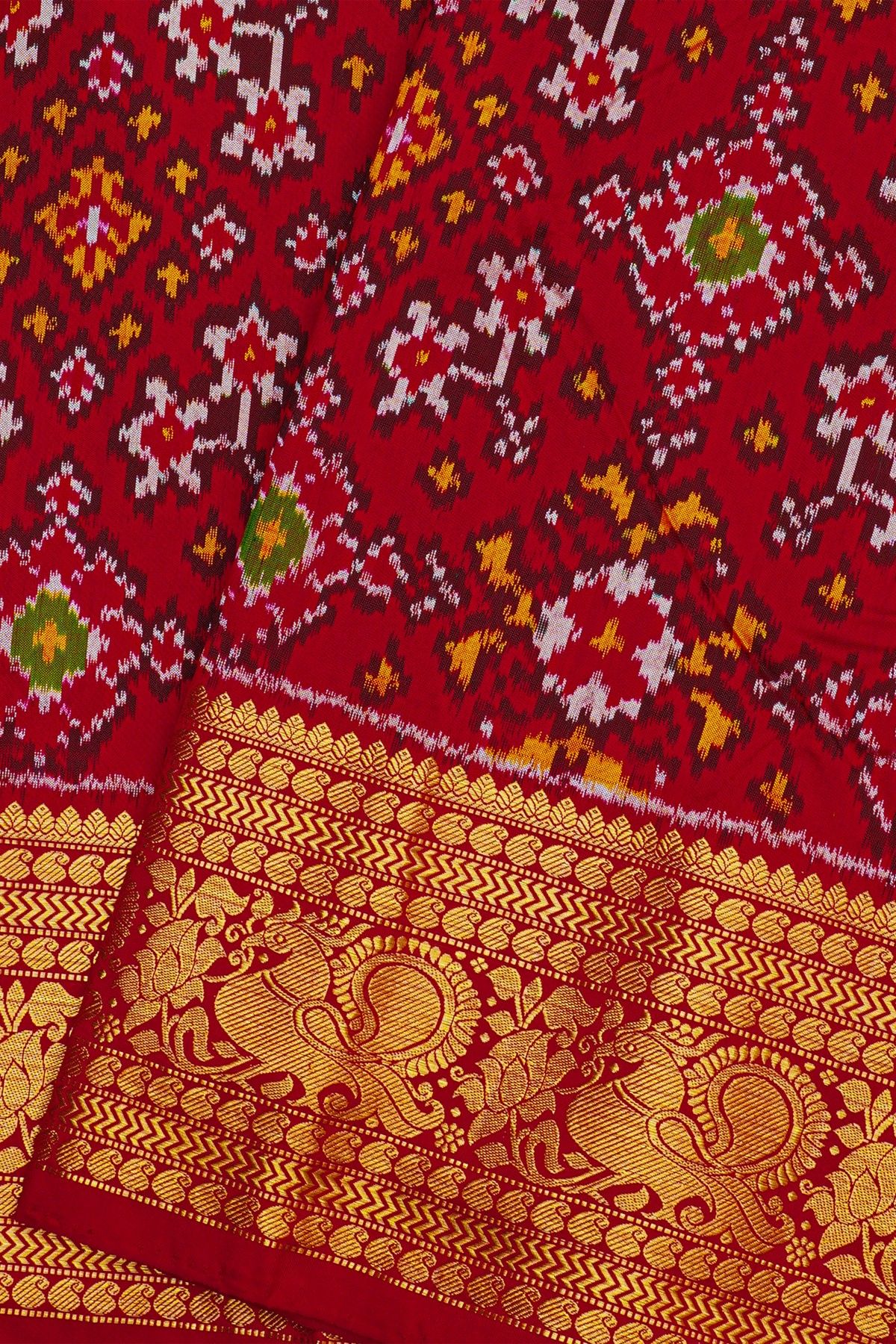 Ikat Silk Maroon Saree With Florals And Leaves Body