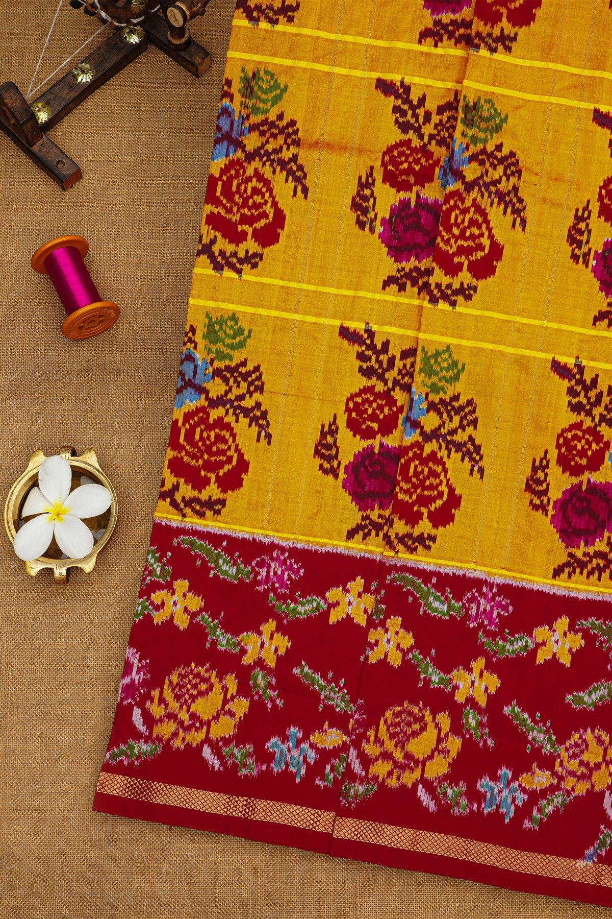 Ikat Silk Mustard Saree With Lines And Florals Body