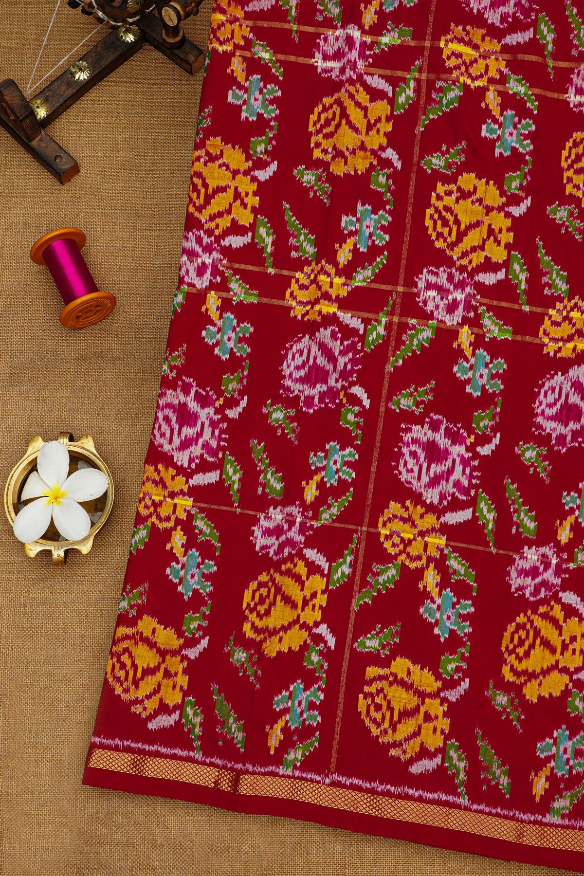 Ikat Silk Mustard Saree With Lines And Florals Body