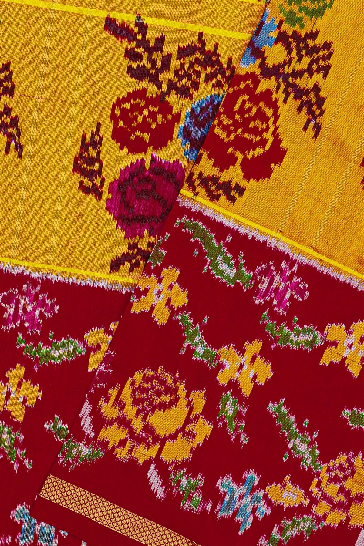 Ikat Silk Mustard Saree With Lines And Florals Body