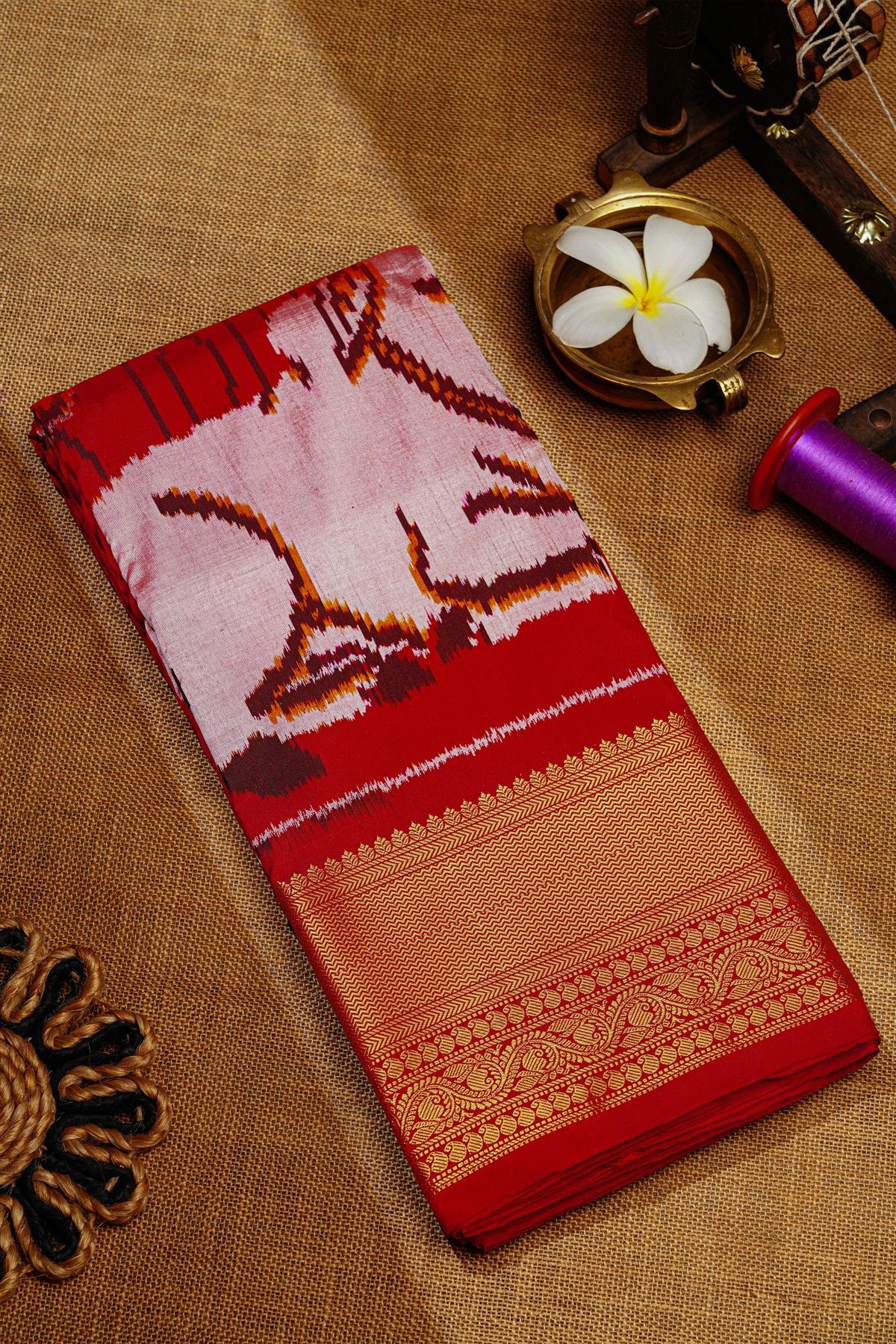 Ikat Silk Maroon Saree With Florals And Pichwai Cows Body