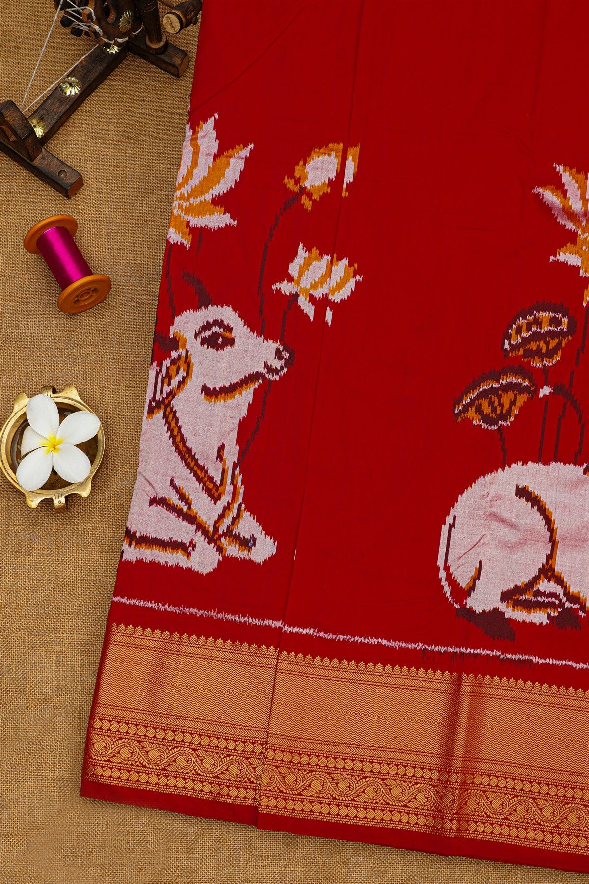 Ikat Silk Maroon Saree With Florals And Pichwai Cows Body