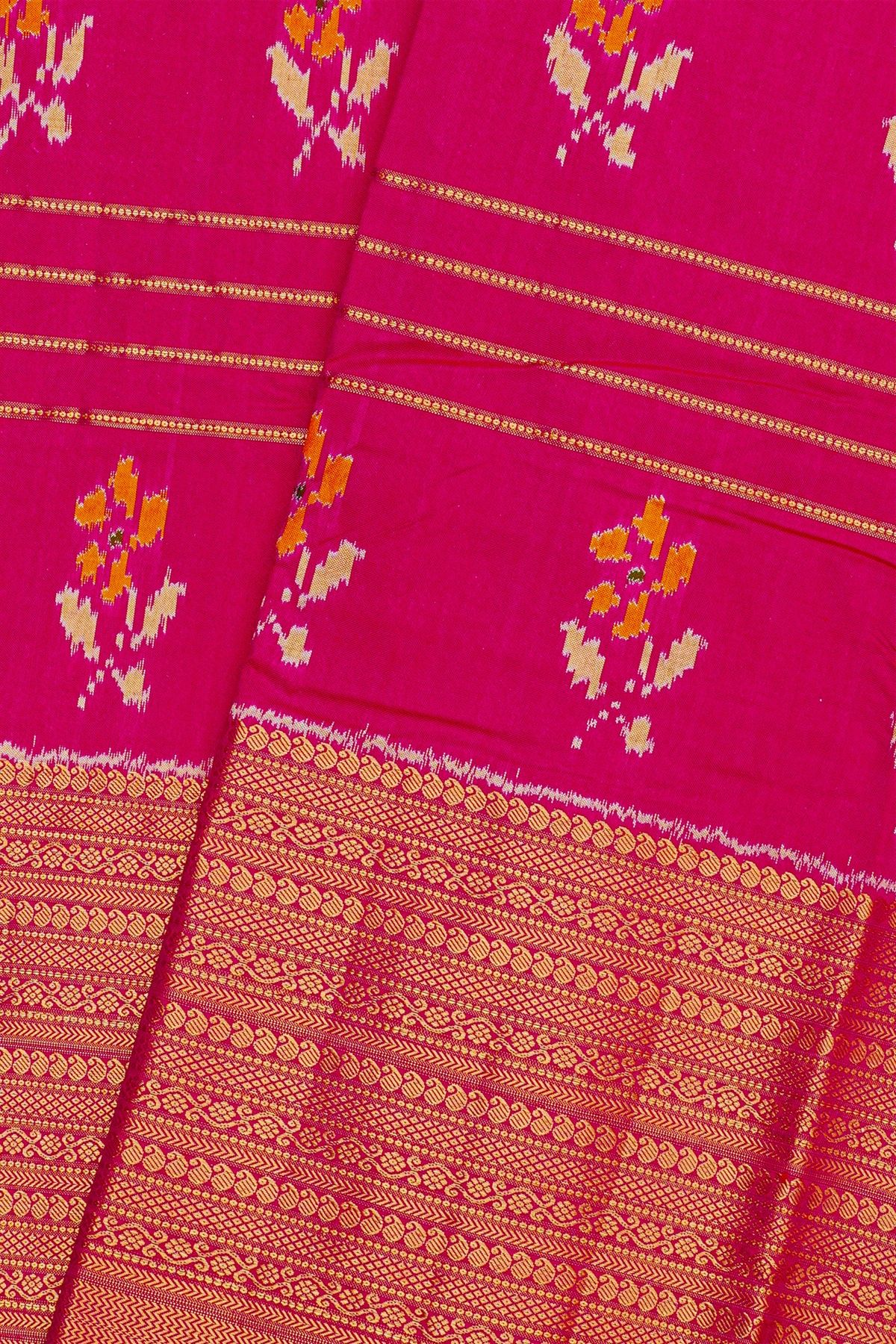 Ikat Silk Magenta Saree With Zari Lines And Florals Body