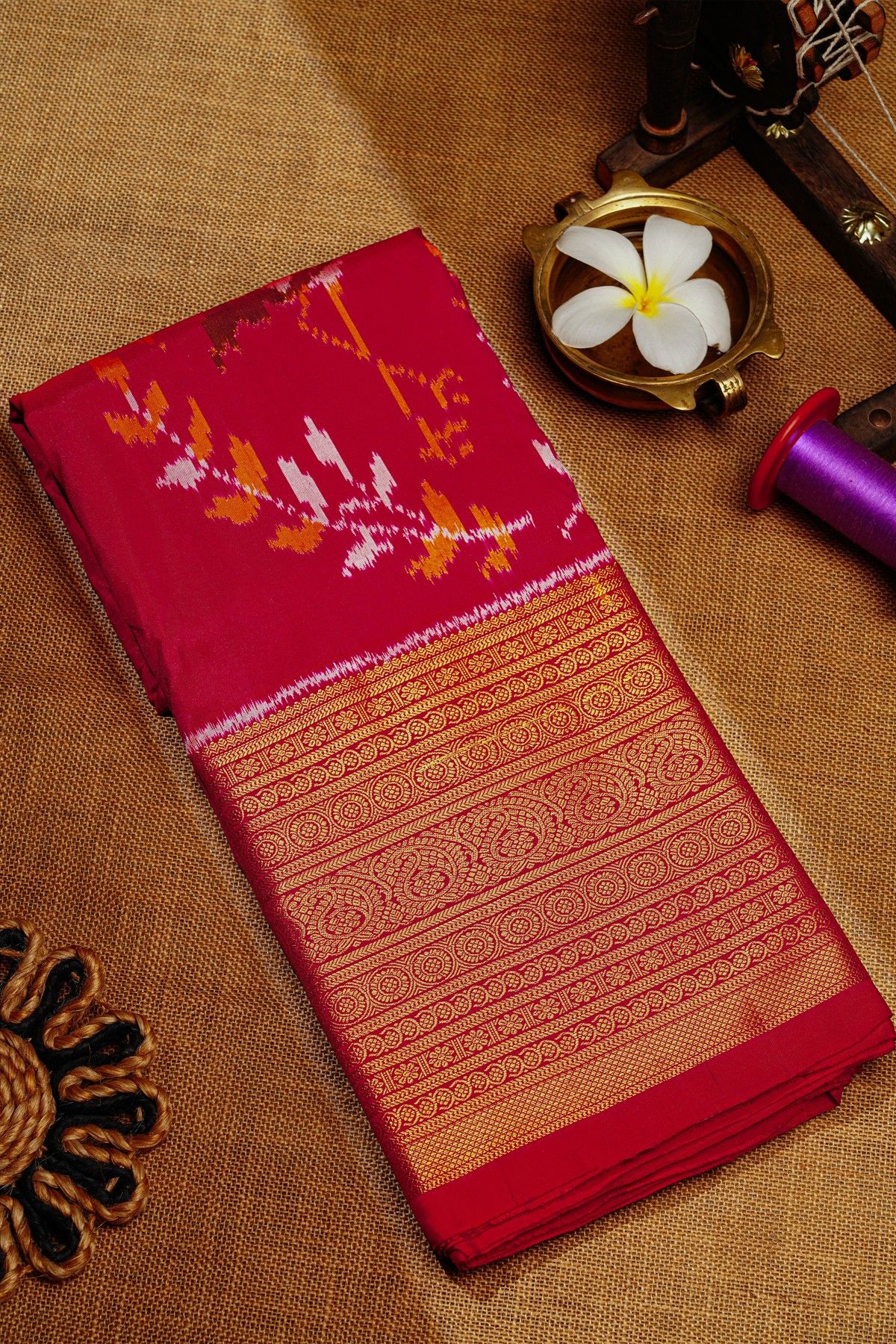 Ikat Silk Magenta Saree With Florals And Swans Body