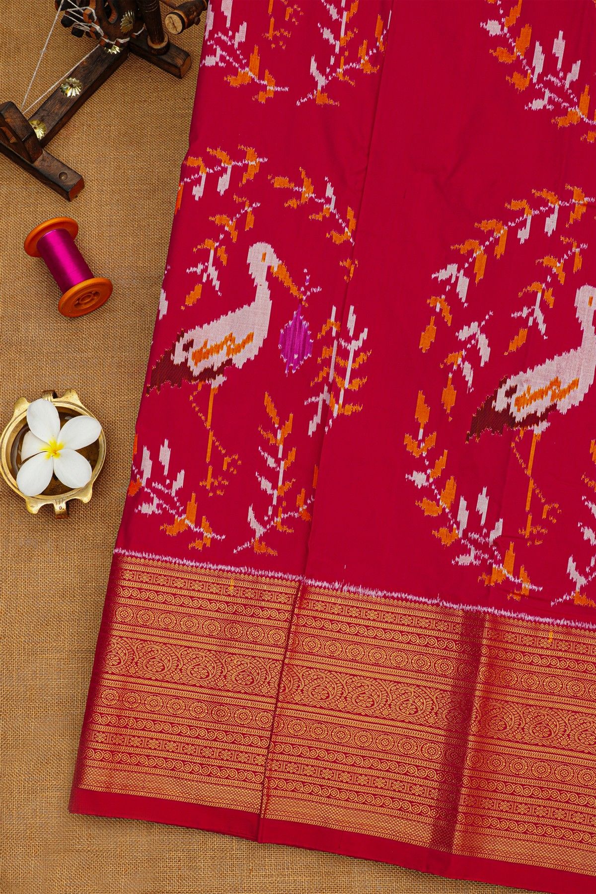 Ikat Silk Magenta Saree With Florals And Swans Body