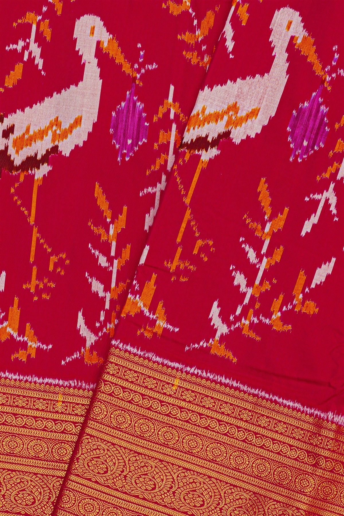 Ikat Silk Magenta Saree With Florals And Swans Body