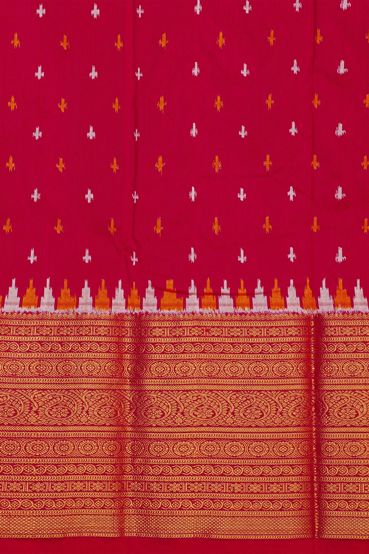 Ikat Silk Magenta Saree With Florals And Swans Body