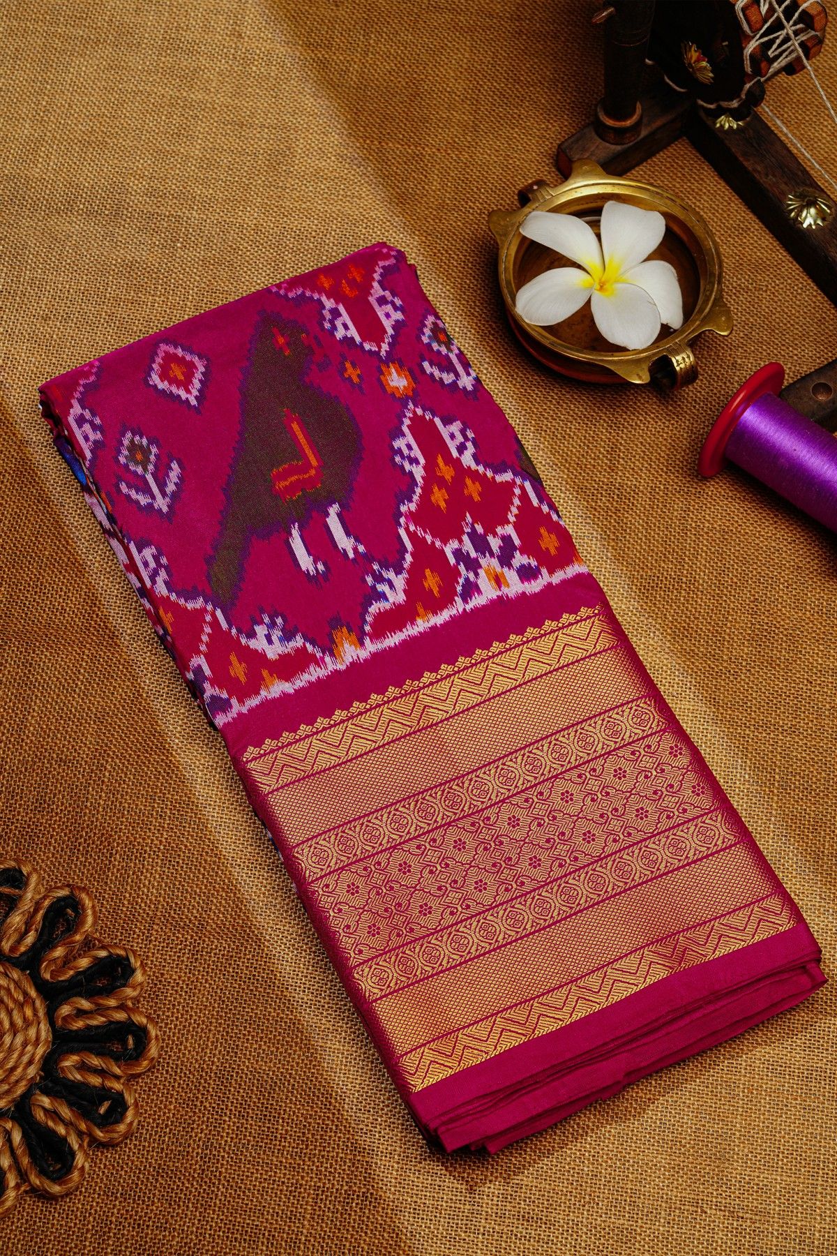 Ikat Silk Magenta Saree With Florals With Swans And Parrots Body