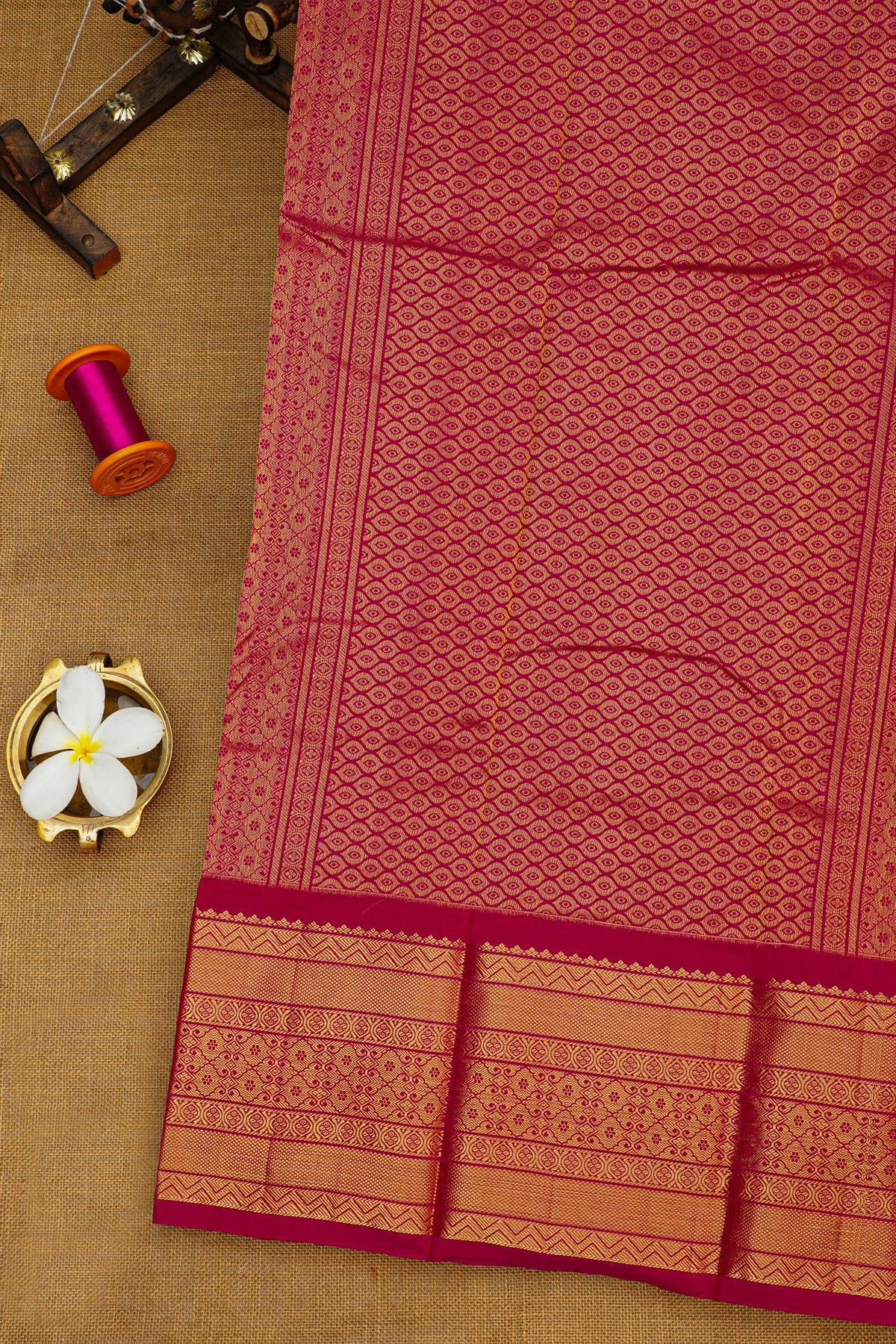 Ikat Silk Magenta Saree With Florals With Swans And Parrots Body