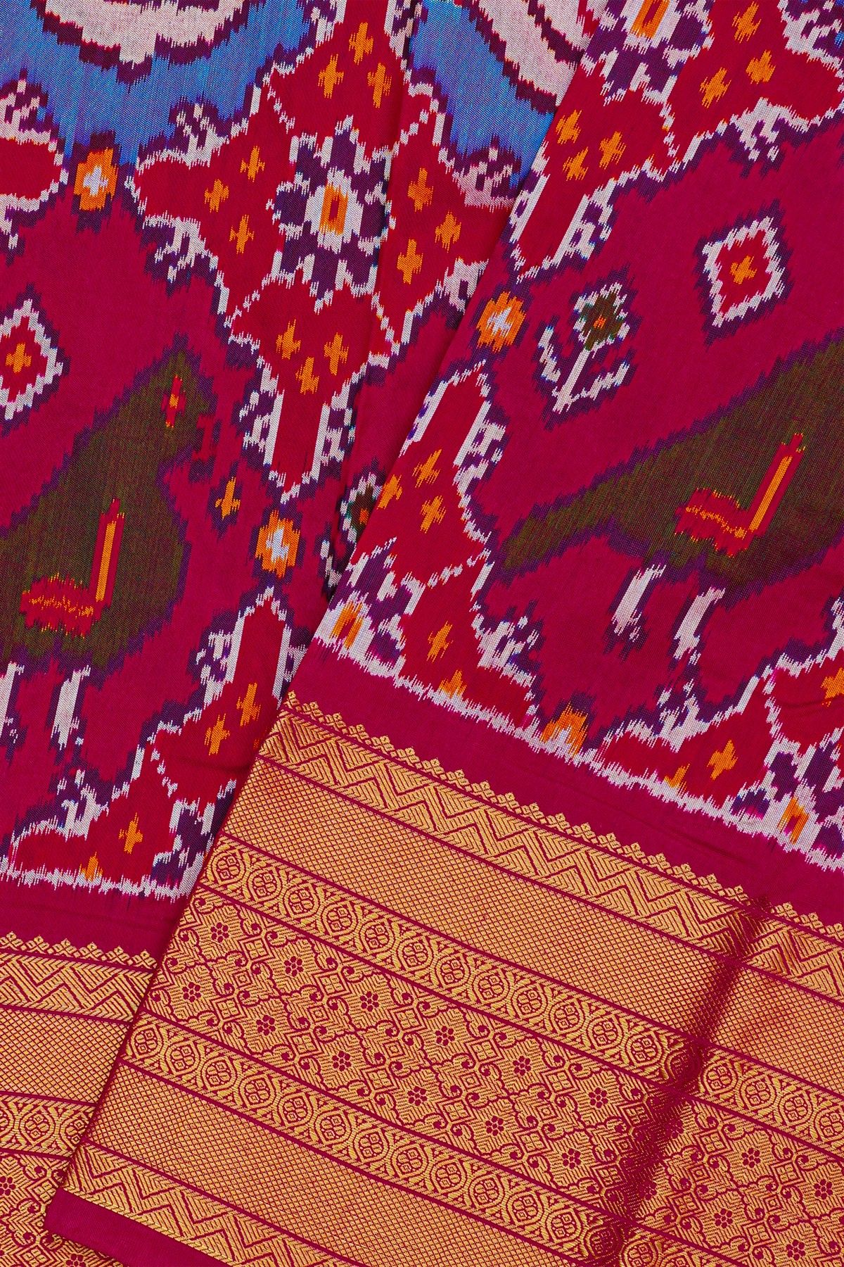 Ikat Silk Magenta Saree With Florals With Swans And Parrots Body