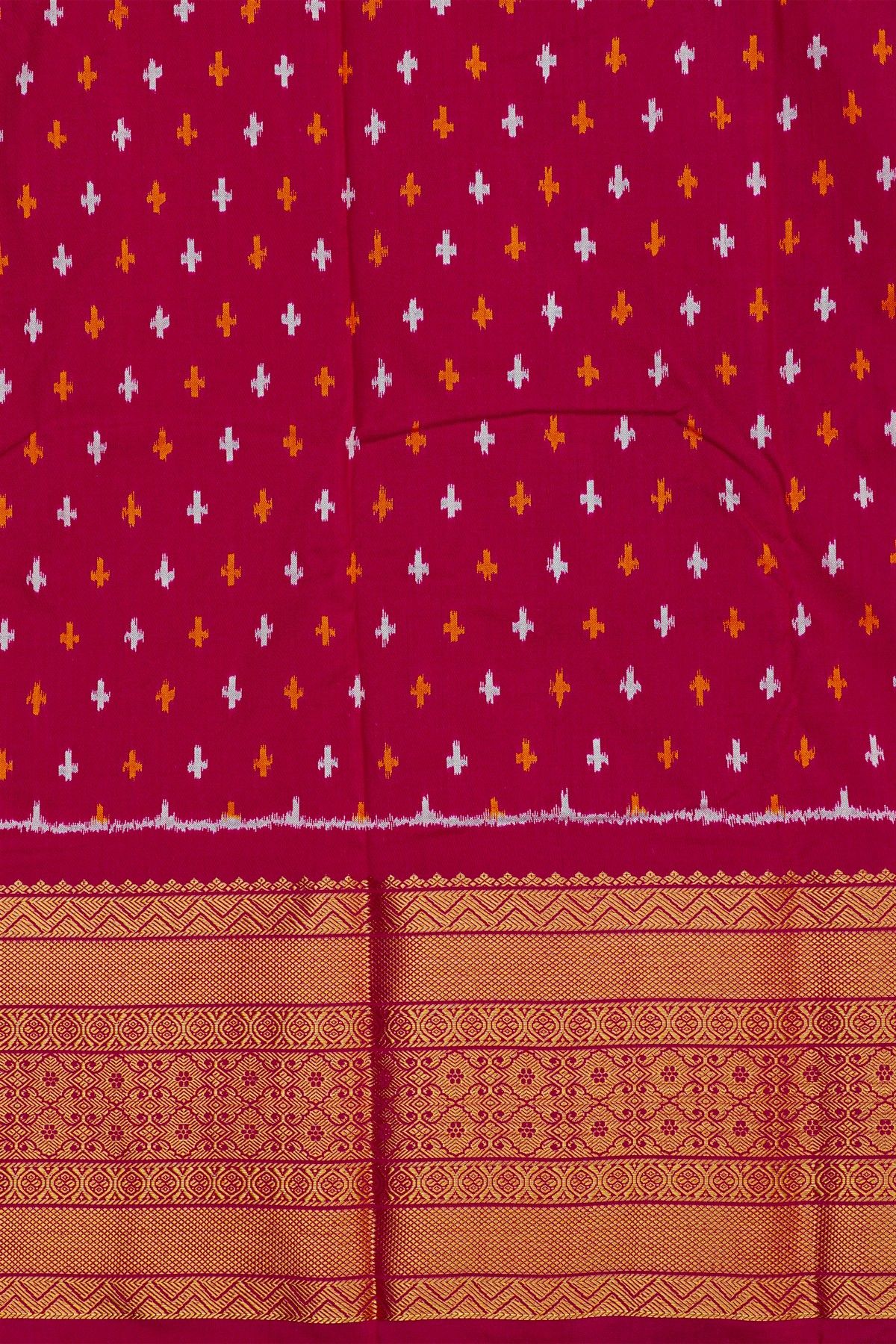 Ikat Silk Magenta Saree With Florals With Swans And Parrots Body