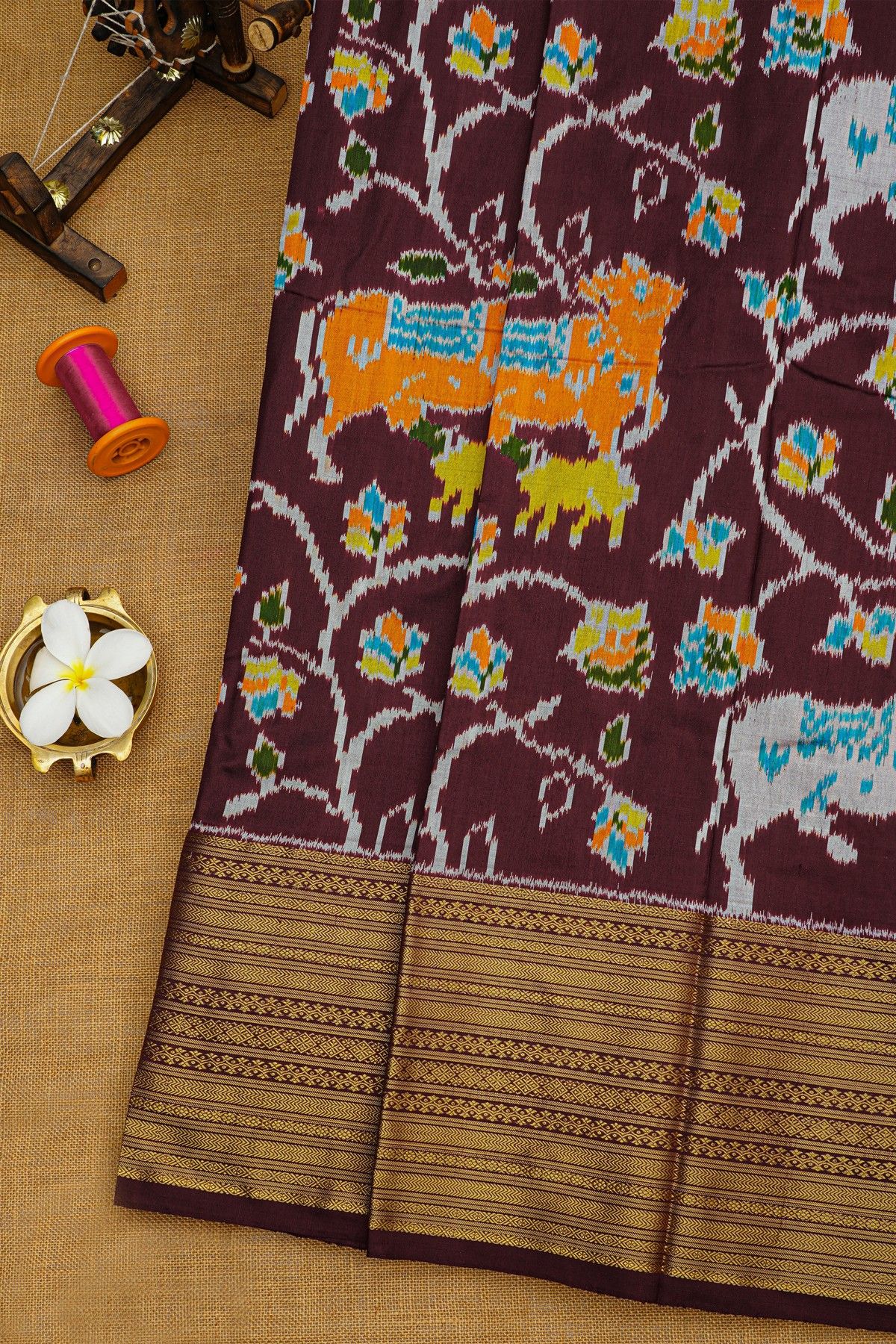 Ikat Silk Brown Saree With Florals And Pichwai Cows Body