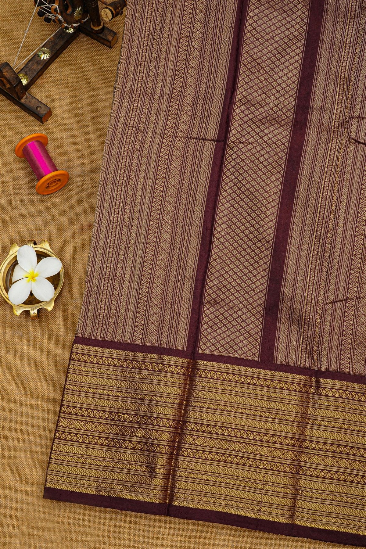 Ikat Silk Brown Saree With Florals And Pichwai Cows Body