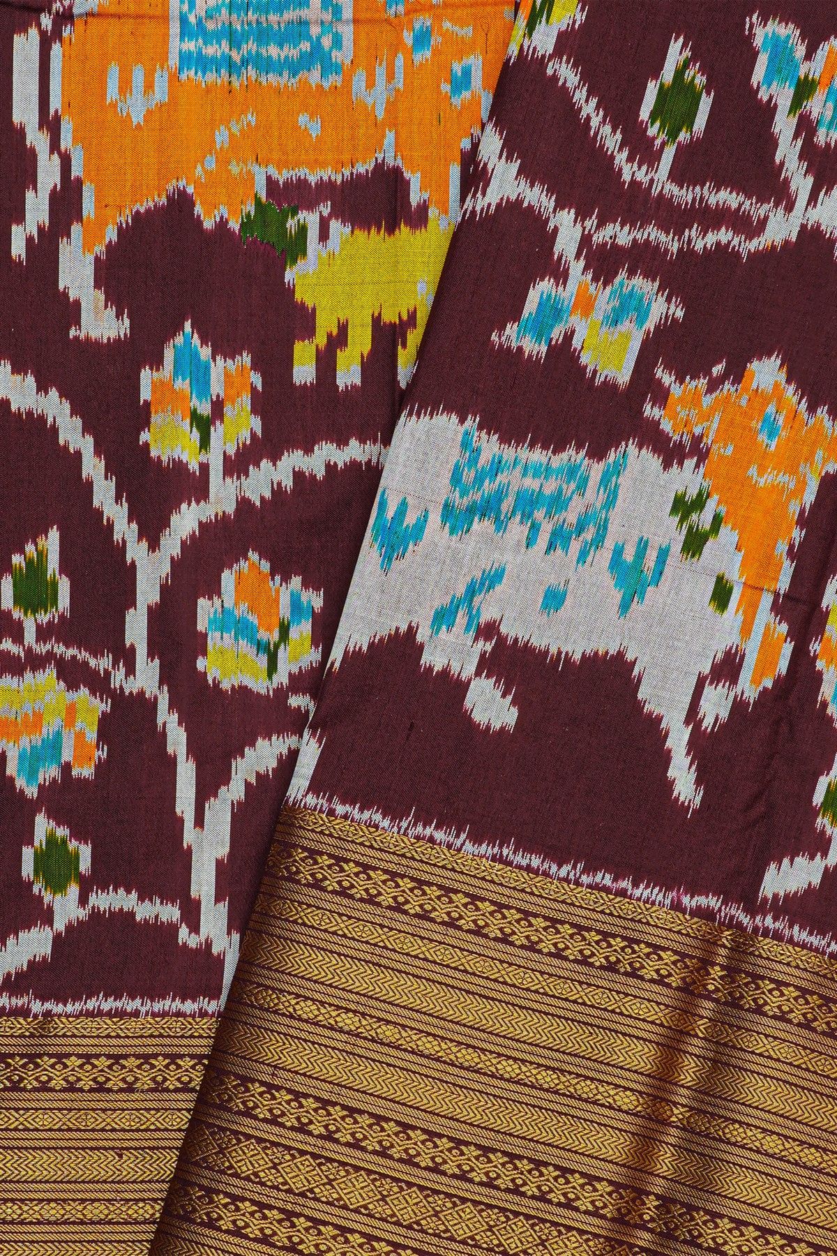 Ikat Silk Brown Saree With Florals And Pichwai Cows Body