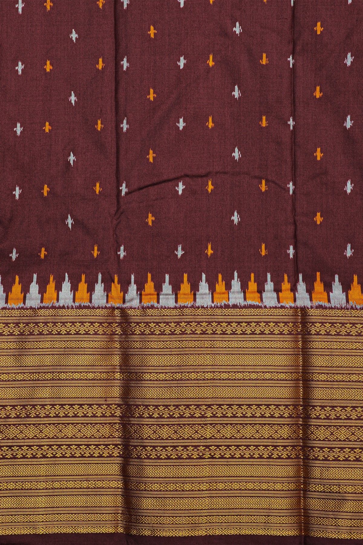 Ikat Silk Brown Saree With Florals And Pichwai Cows Body