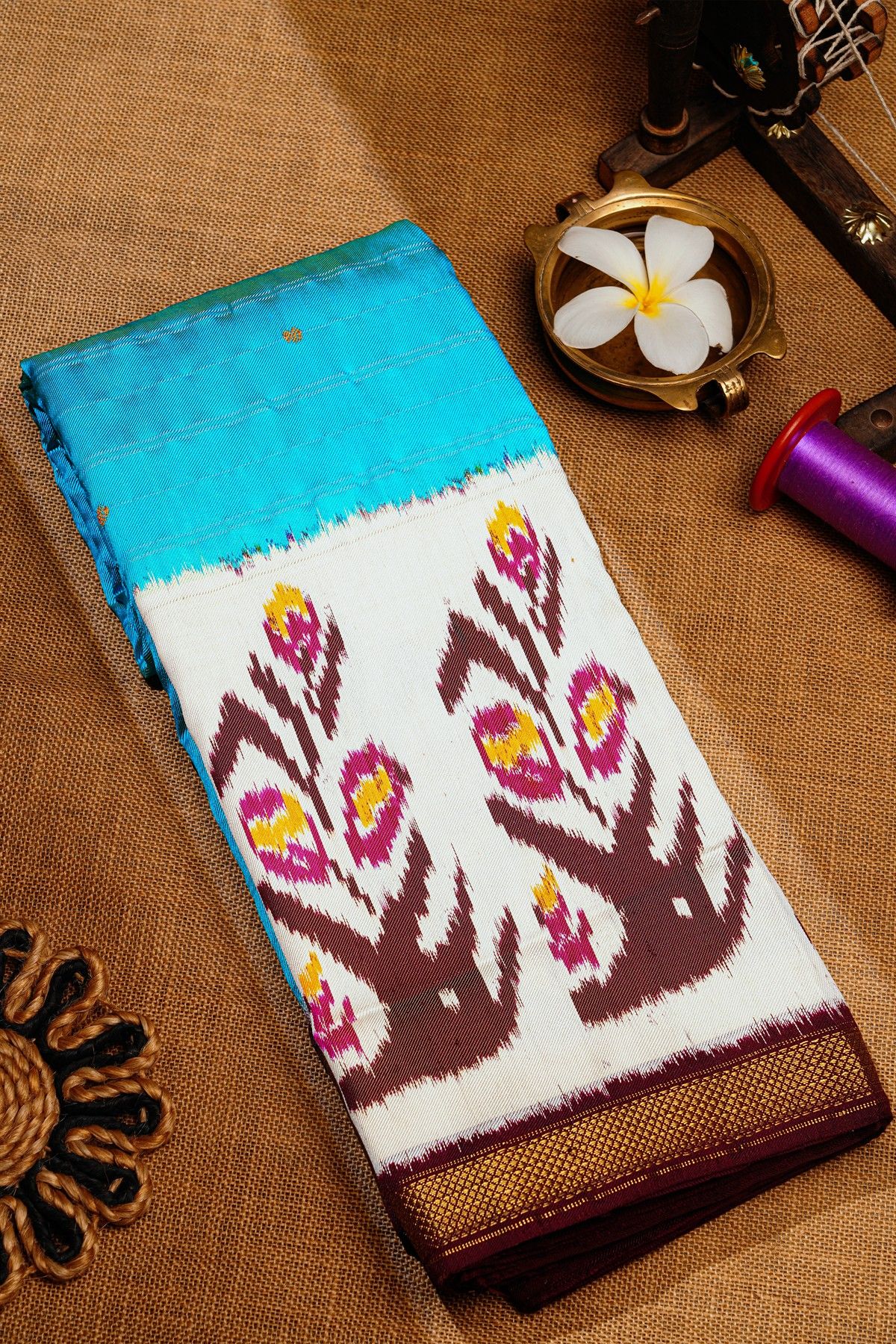 Ikat Silk Multi-Colour Saree With Florals And Buttis Body