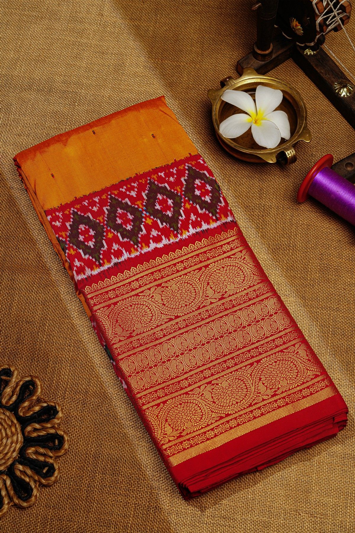 Ikat Silk Mustard Saree With Florals And Buttis Body