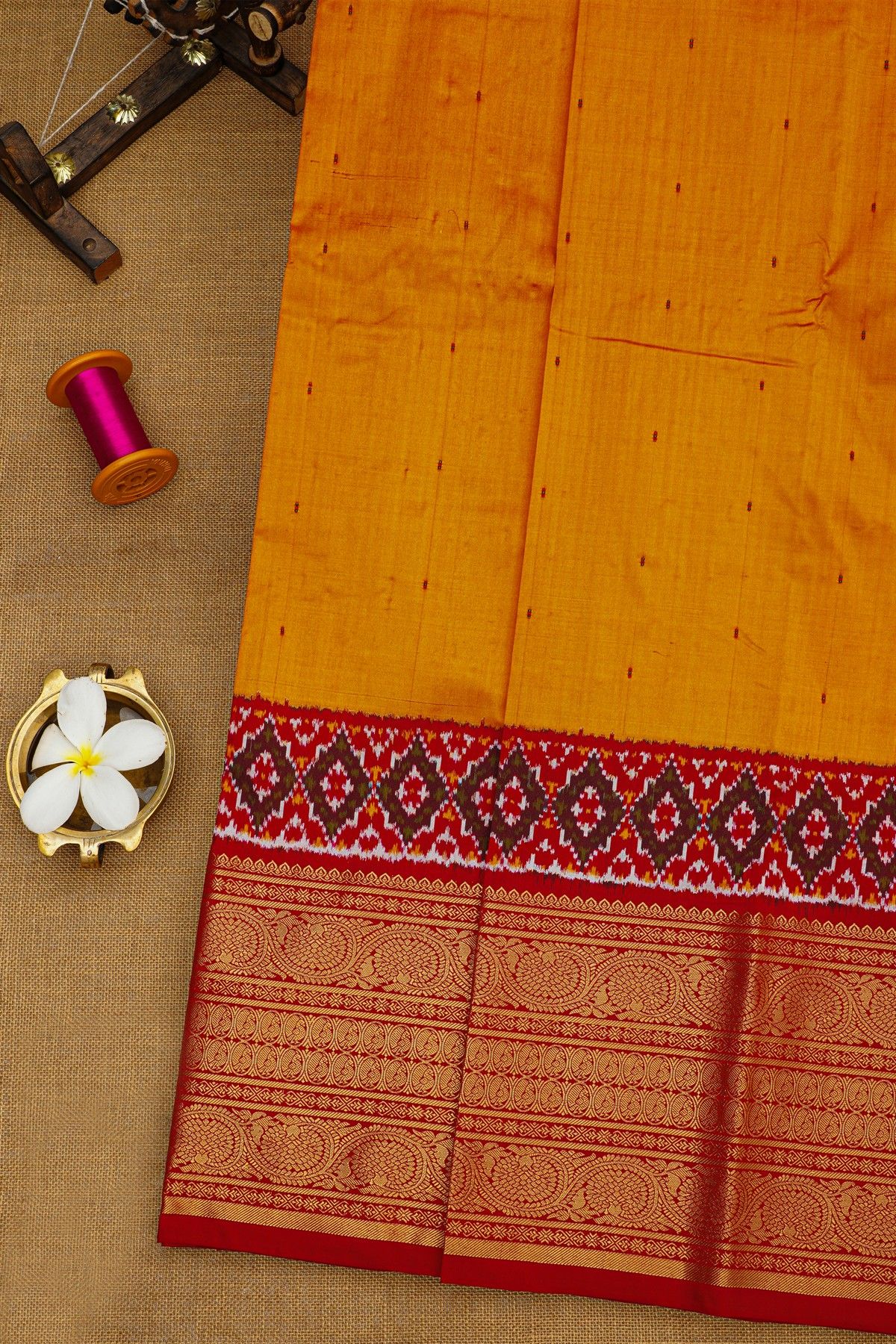 Ikat Silk Mustard Saree With Florals And Buttis Body