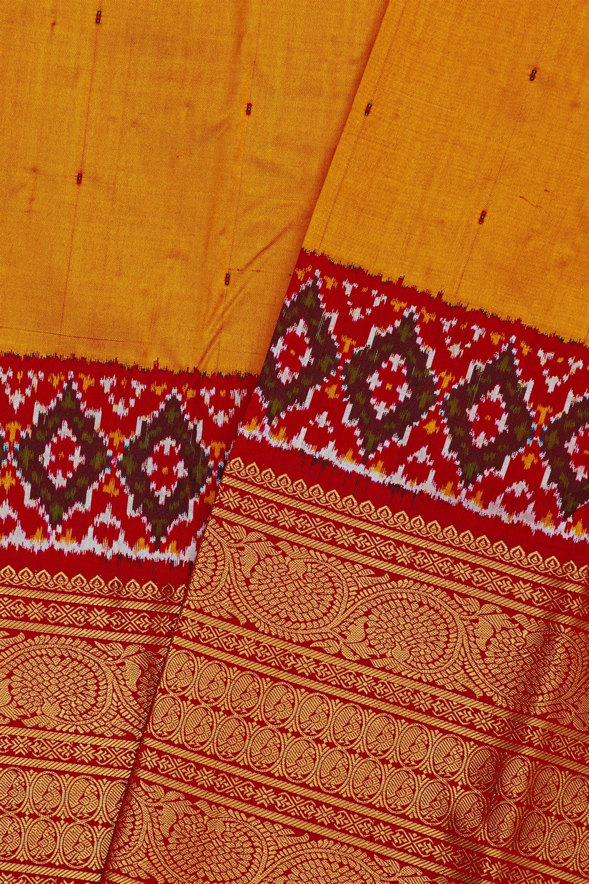 Ikat Silk Mustard Saree With Florals And Buttis Body
