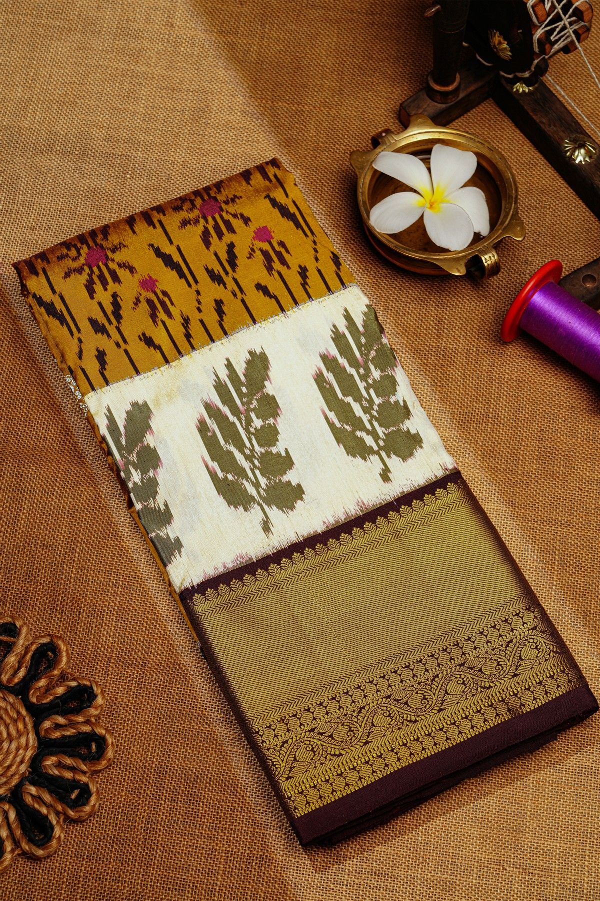 Ikat Silk Mehendi Green Saree With Florals And Leaves Body
