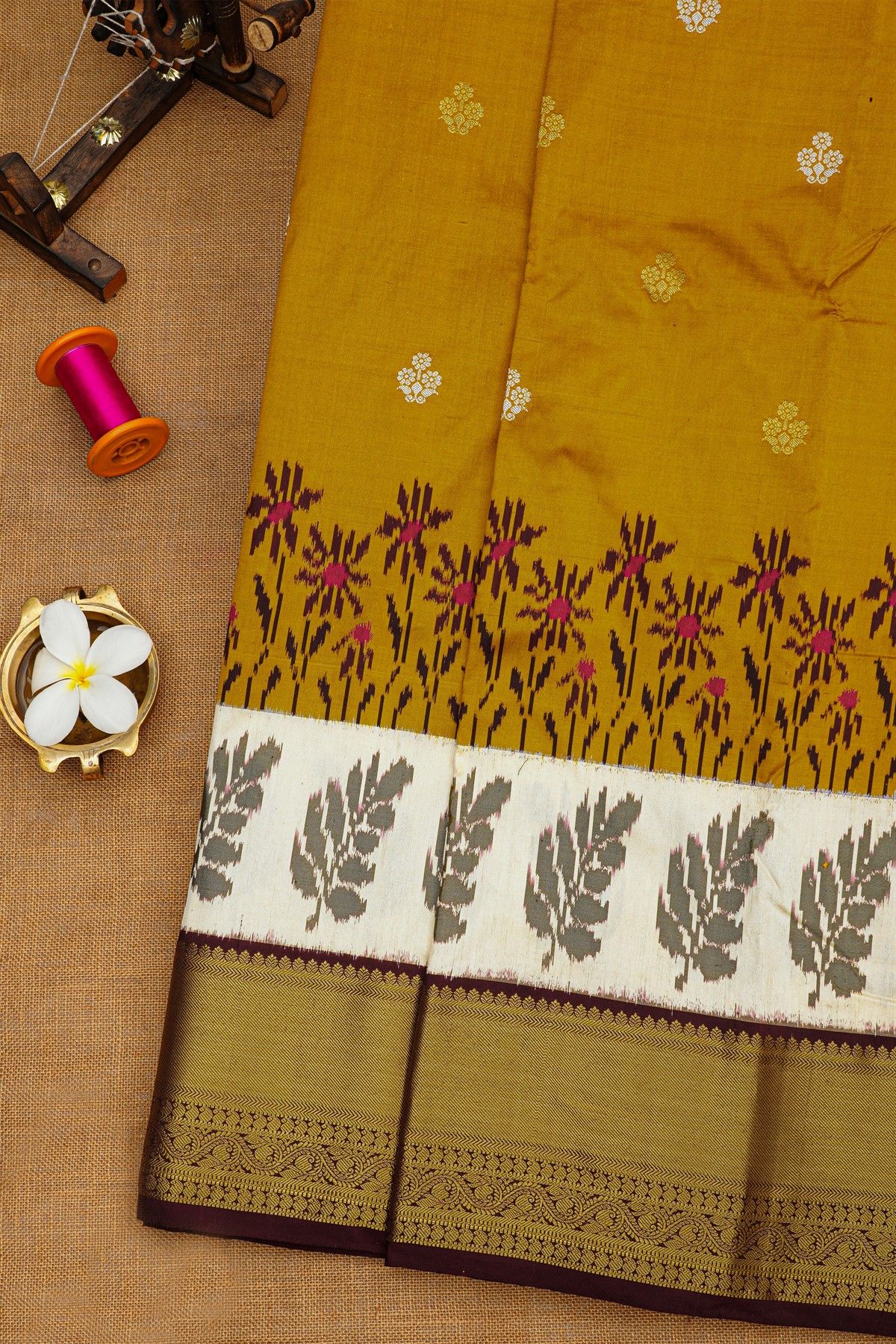 Ikat Silk Mehendi Green Saree With Florals And Leaves Body