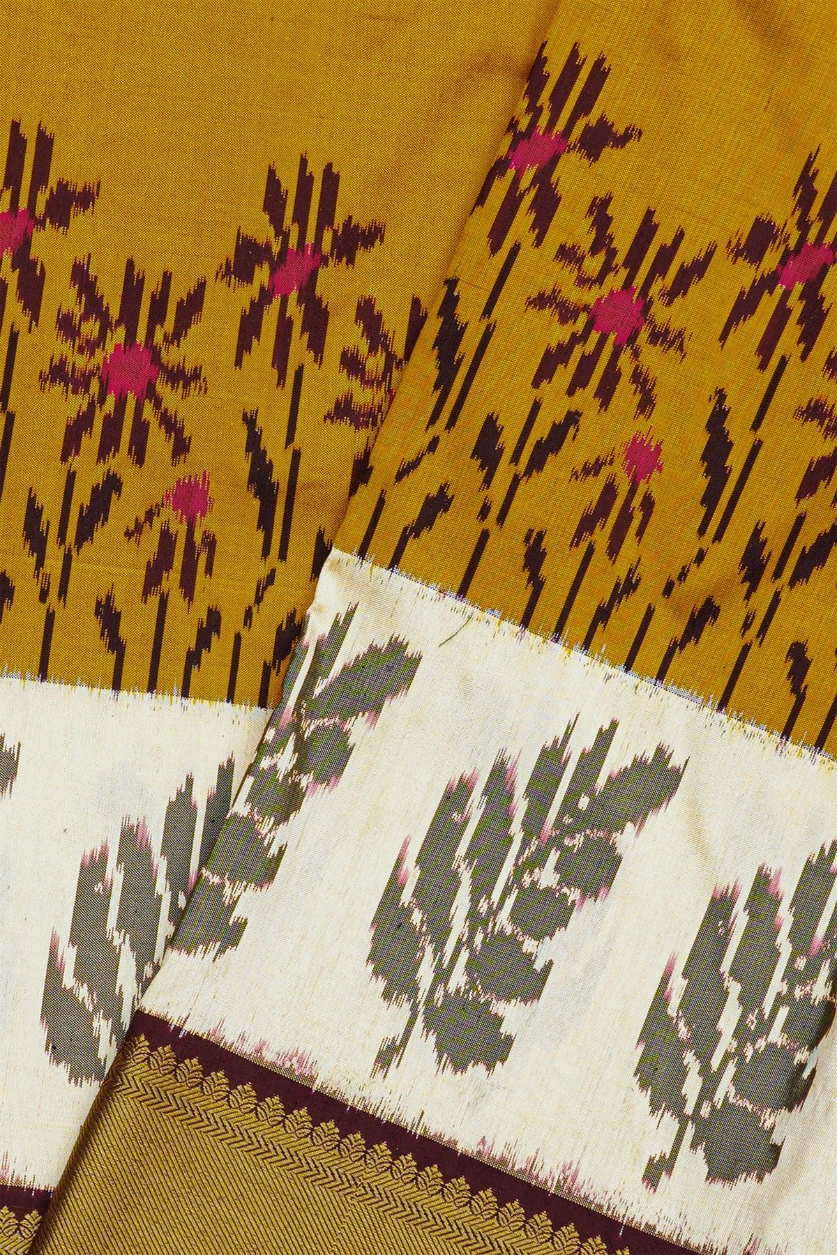 Ikat Silk Mehendi Green Saree With Florals And Leaves Body
