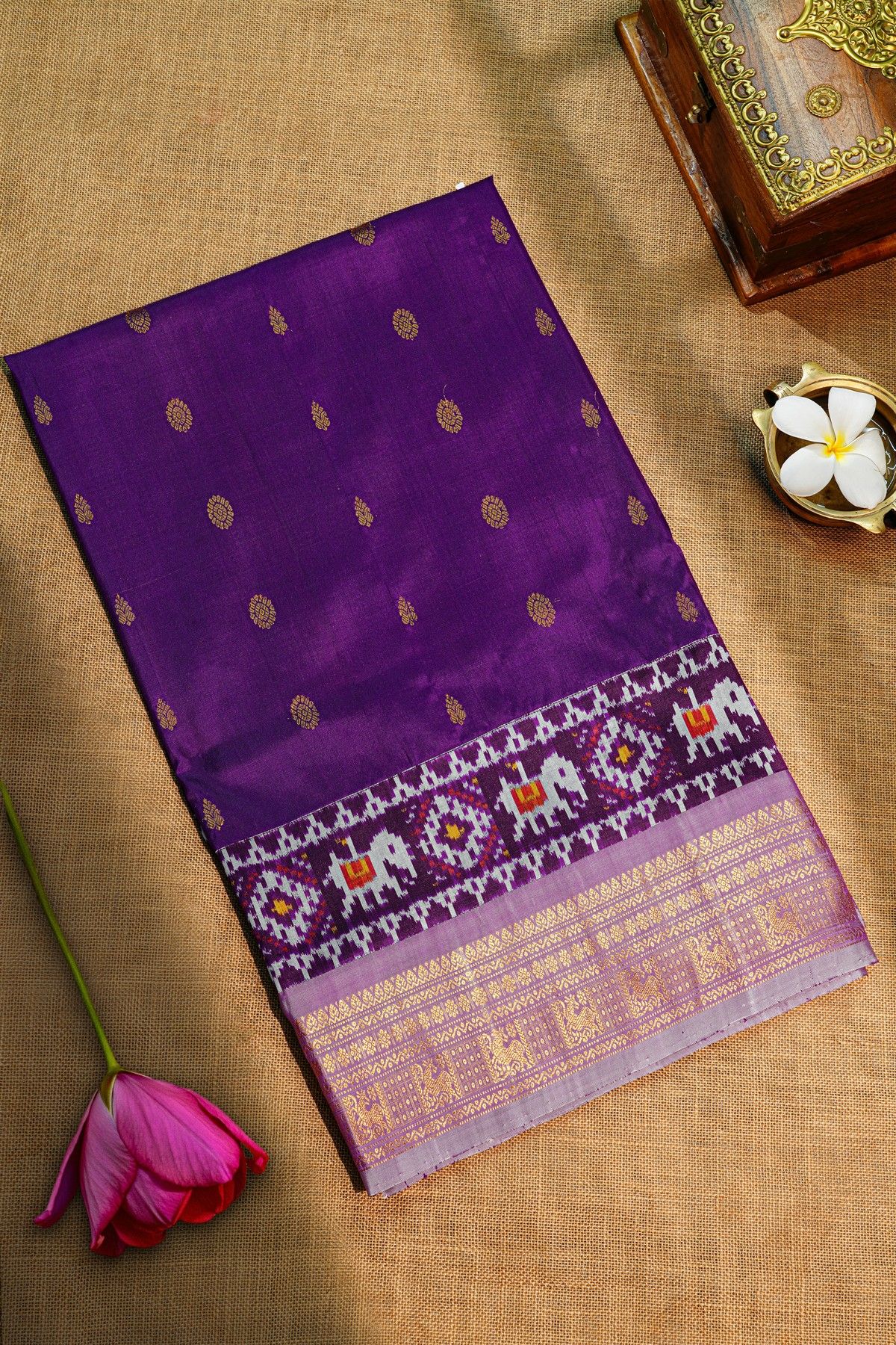Fusion Silk Purple Saree With Florals And Elephants In Ikat Print Border