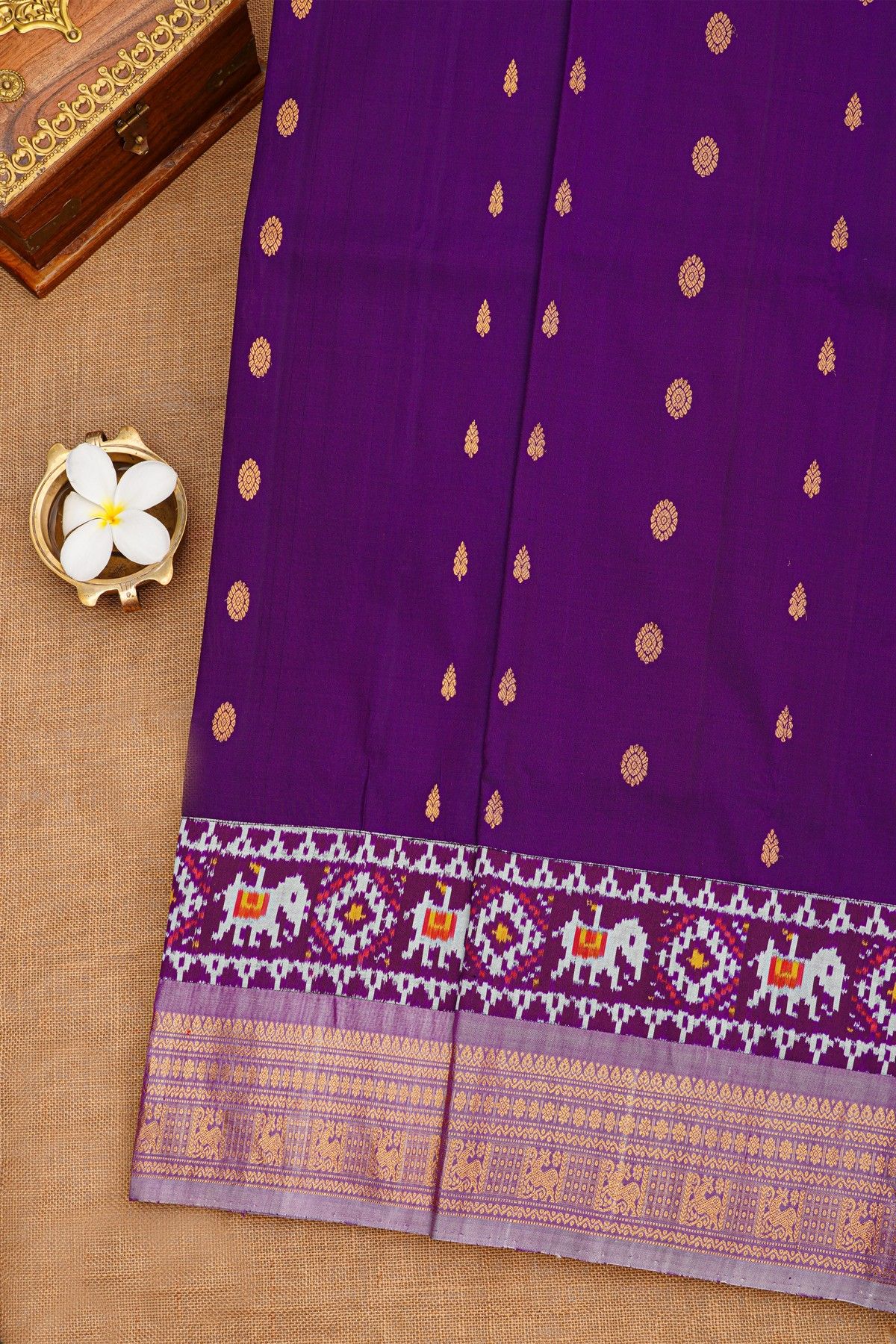 Fusion Silk Purple Saree With Florals And Elephants In Ikat Print Border