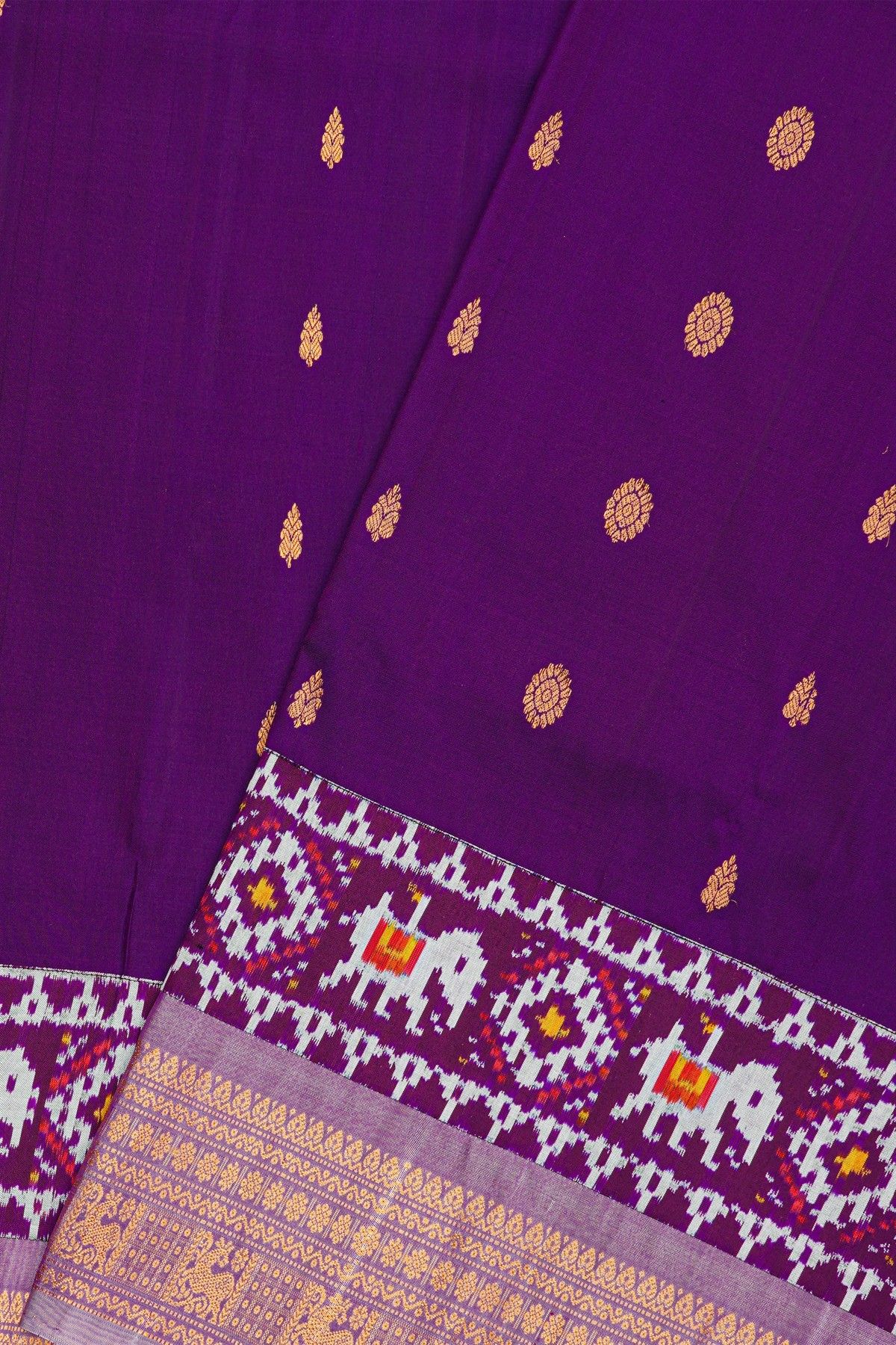 Fusion Silk Purple Saree With Florals And Elephants In Ikat Print Border