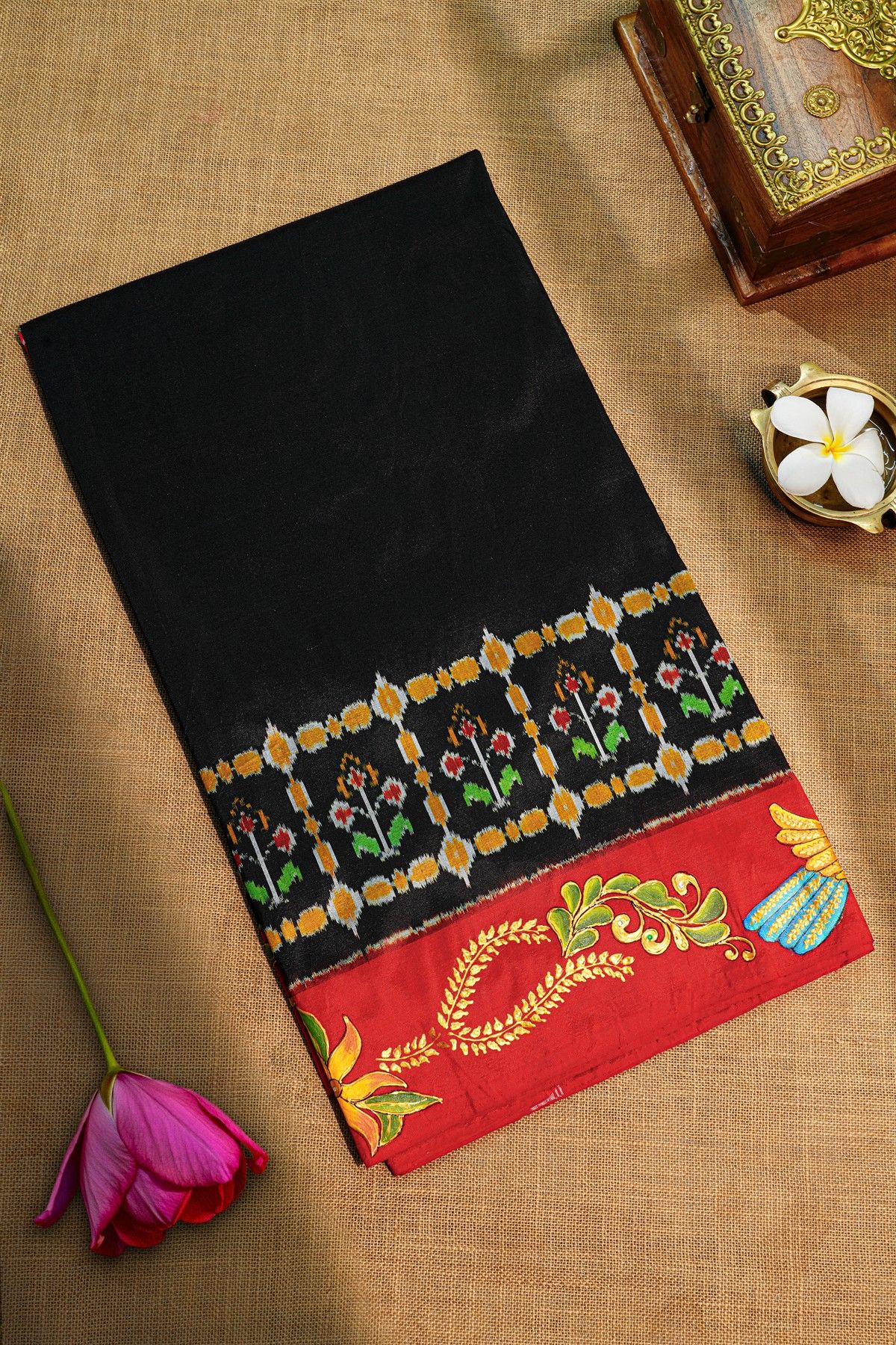 Fusion Silk Black Saree With Florals In Tanjore Hand Painted Border