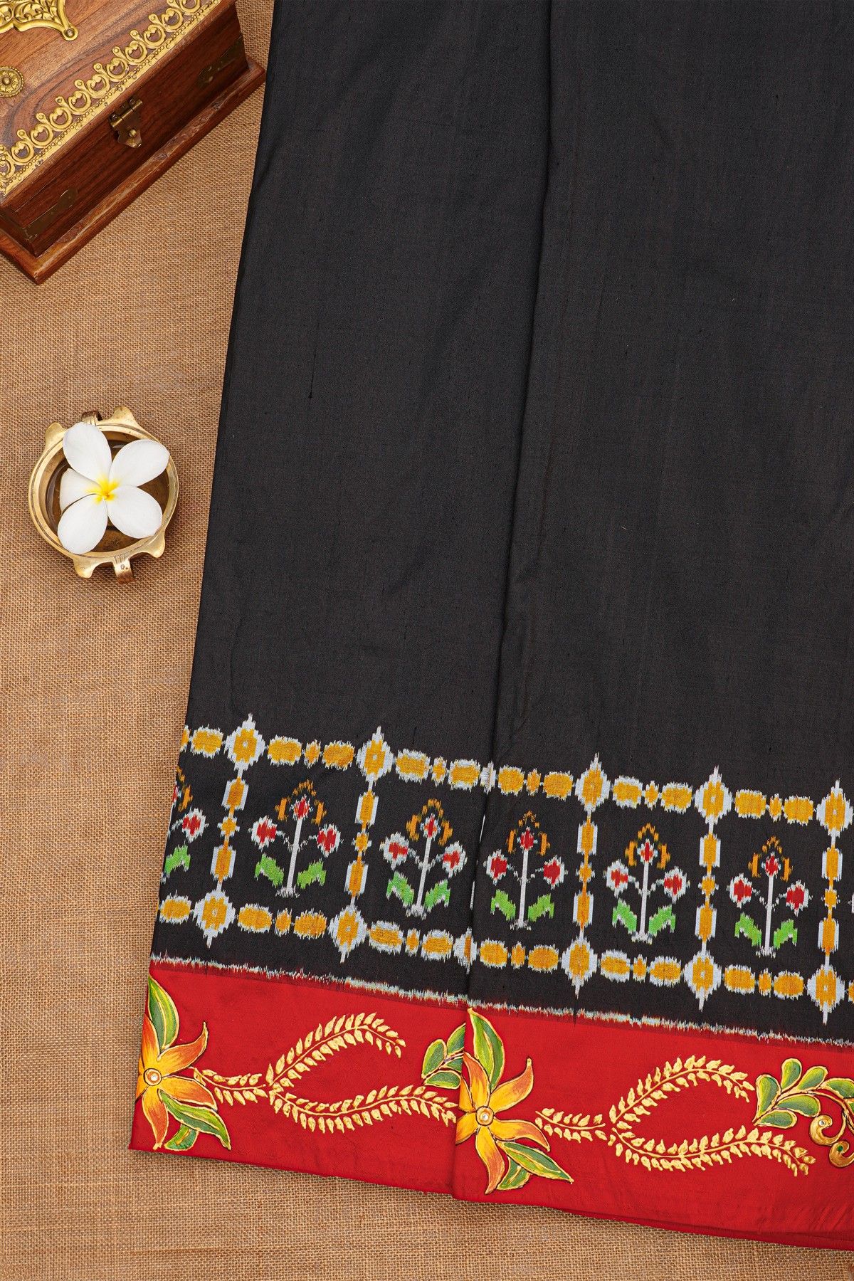 Fusion Silk Black Saree With Florals In Tanjore Hand Painted Border