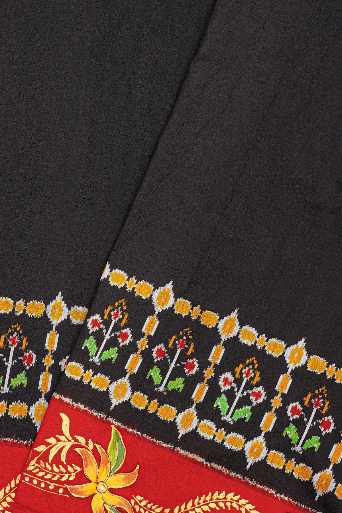 Fusion Silk Black Saree With Florals In Tanjore Hand Painted Border