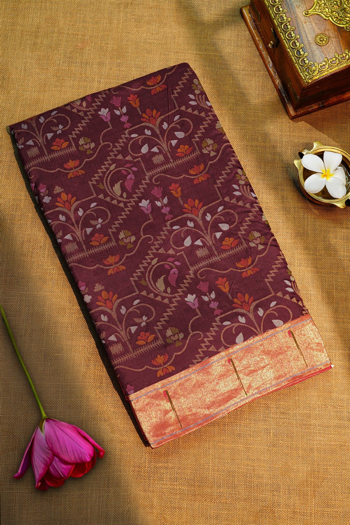 Fusion Banarasi Silk Jamdani Weaving Maroon Saree With Shadow Work