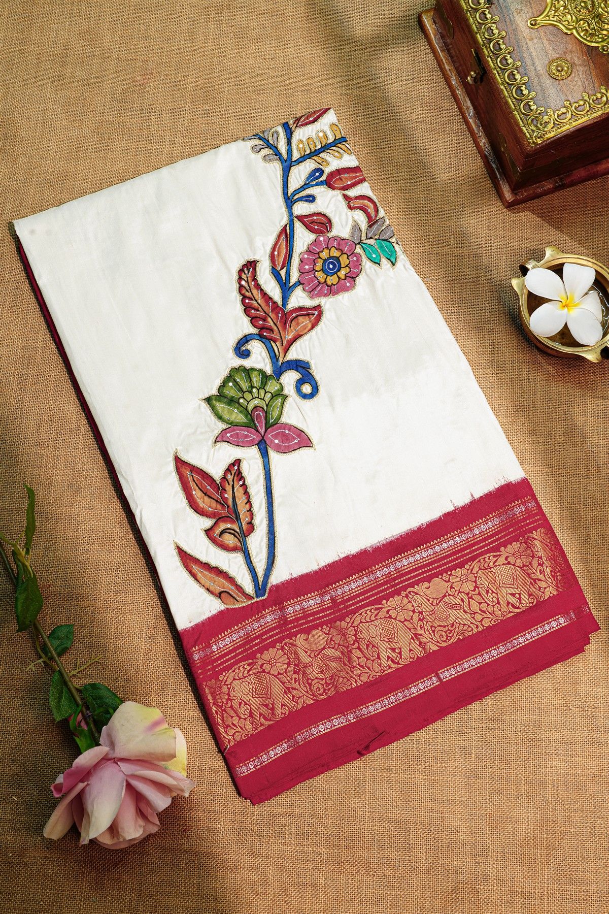 Fusion Silk Off White Saree With Florals In Thread Work Body