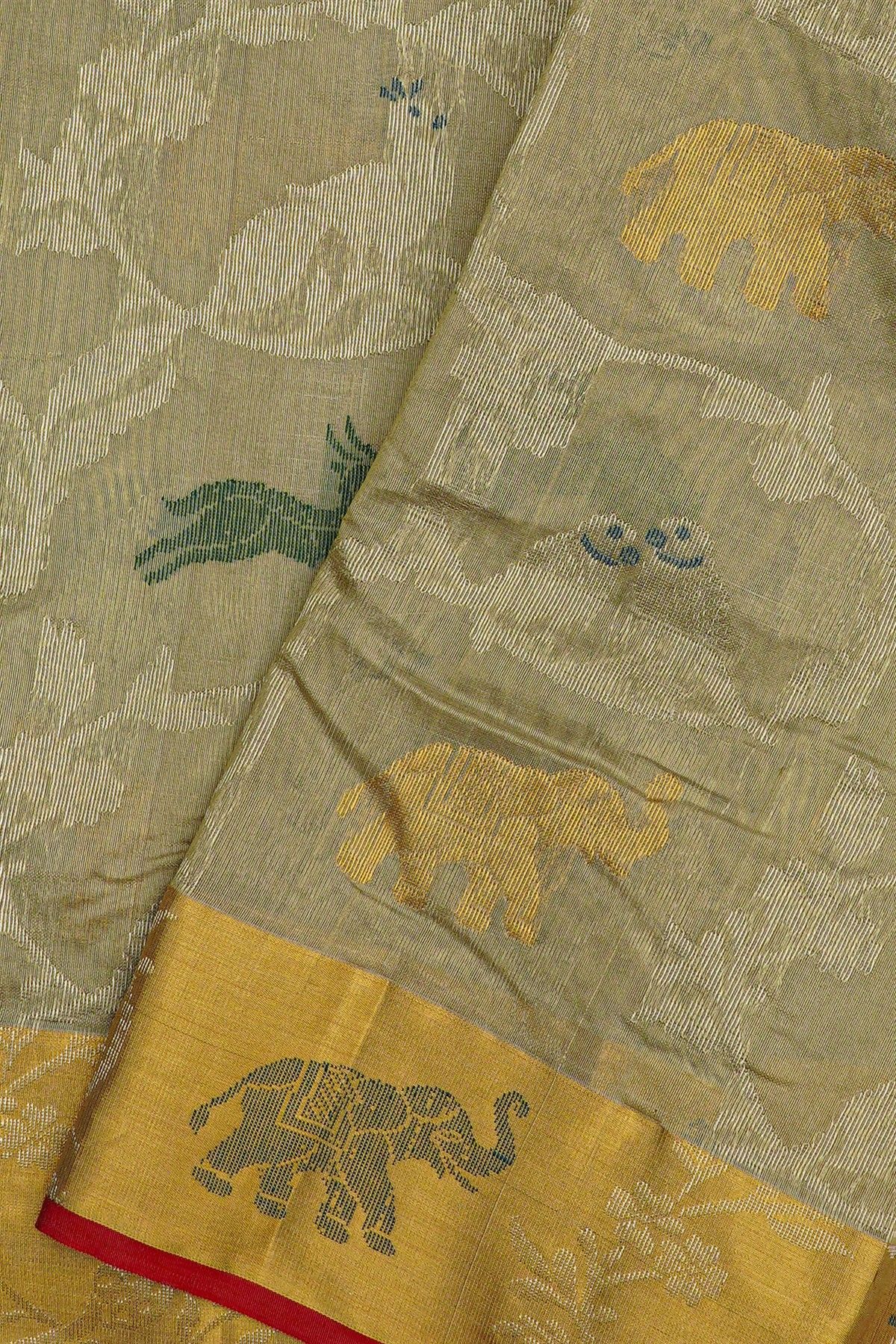 Chanderi Silk Off White Saree WIth All Over Jaal Florals And Animals