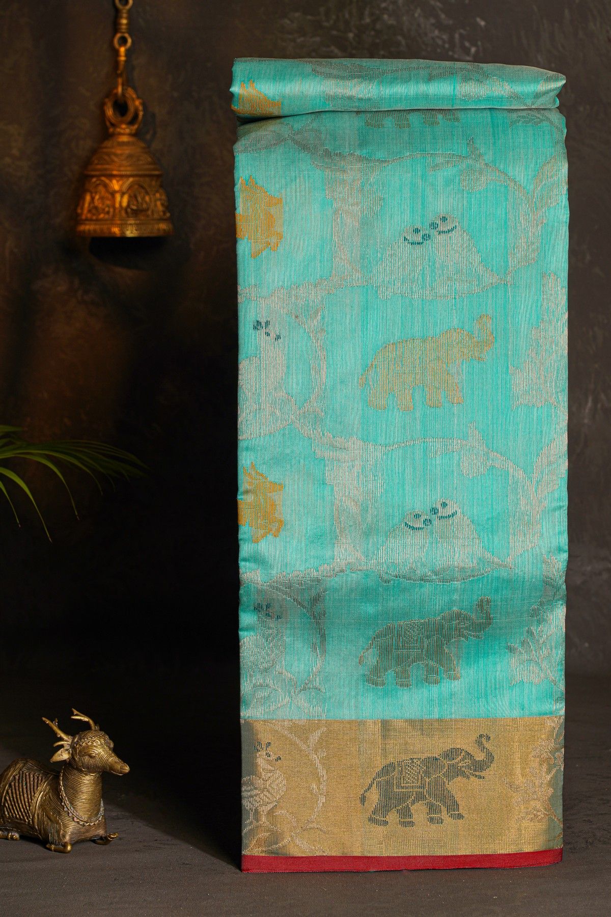 Chanderi Silk Sky Blue Saree With Florals And Animals Kaddi Border