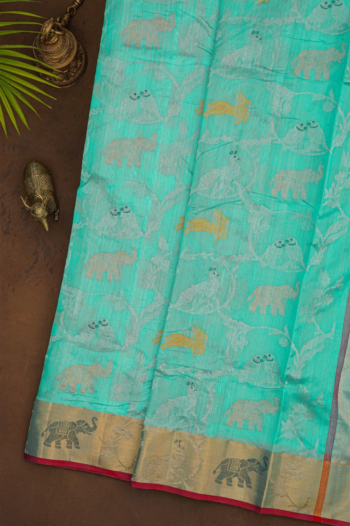 Chanderi Silk Sky Blue Saree With Florals And Animals Kaddi Border