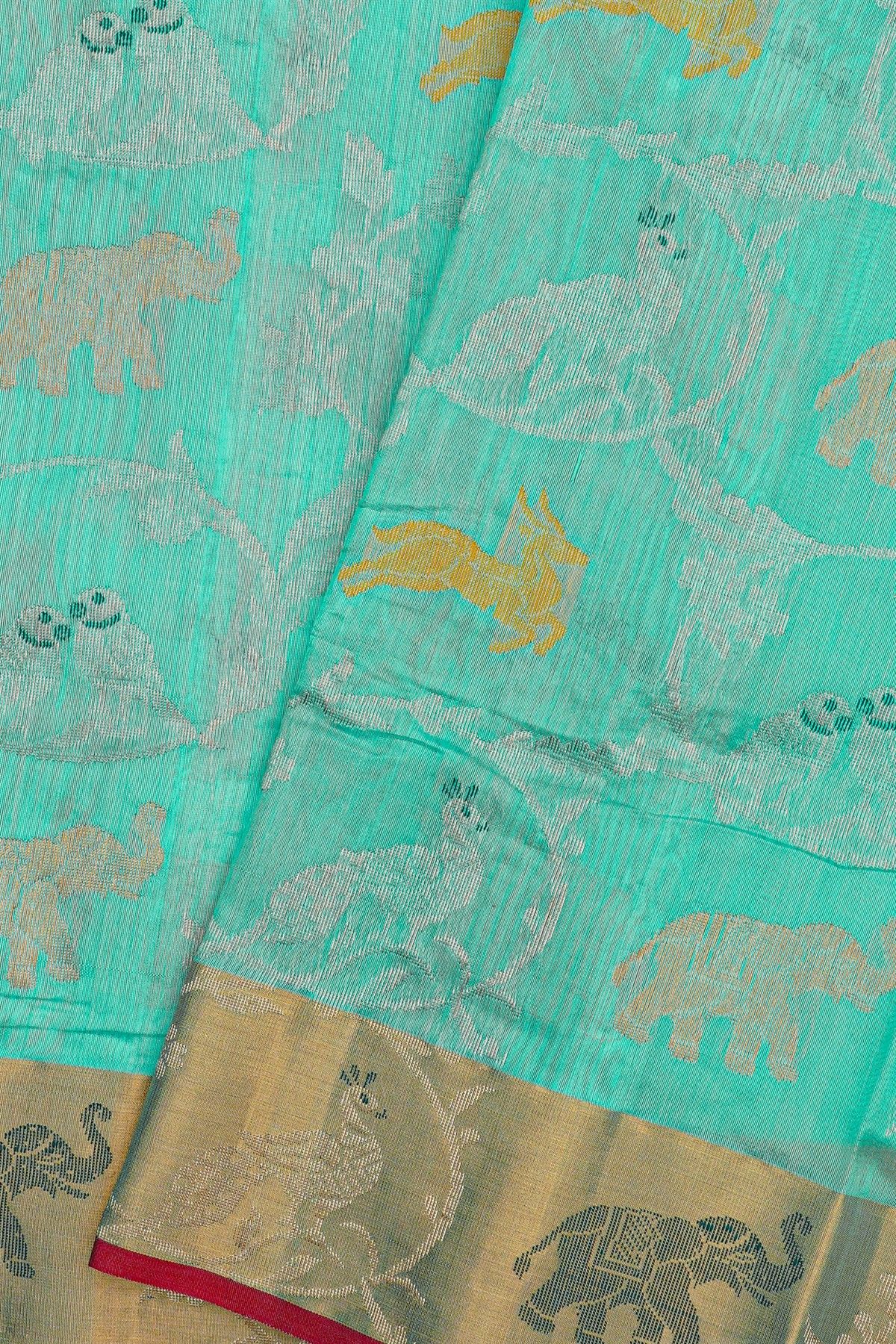 Chanderi Silk Sky Blue Saree With Florals And Animals Kaddi Border