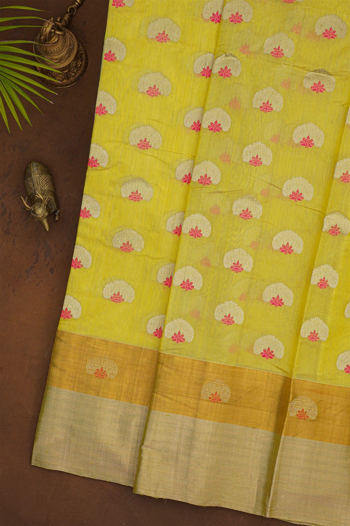Chanderi Silk Yellow Saree With Meenakari Zari Buttis Kaddi Border