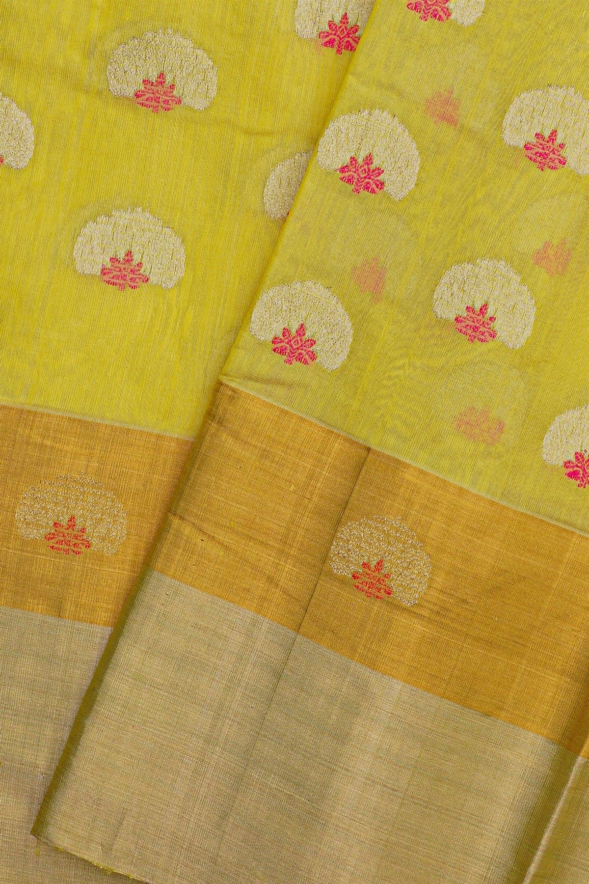 Chanderi Silk Yellow Saree With Meenakari Zari Buttis Kaddi Border