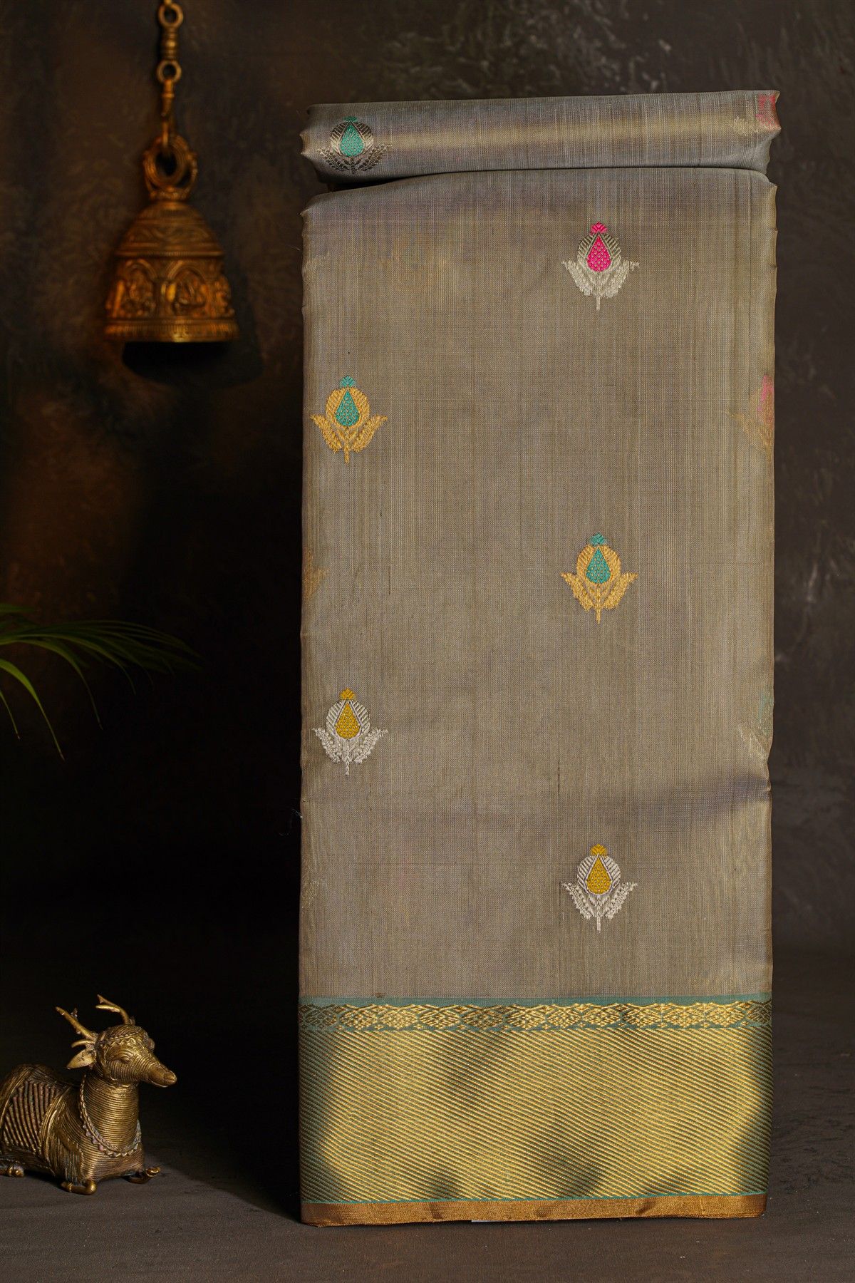 Chanderi Silk Beige Saree With Meenakari Zari Buttis