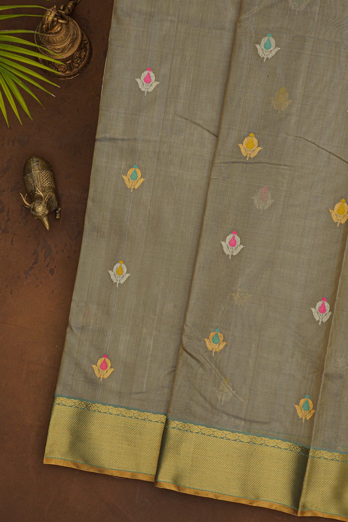 Chanderi Silk Beige Saree With Meenakari Zari Buttis
