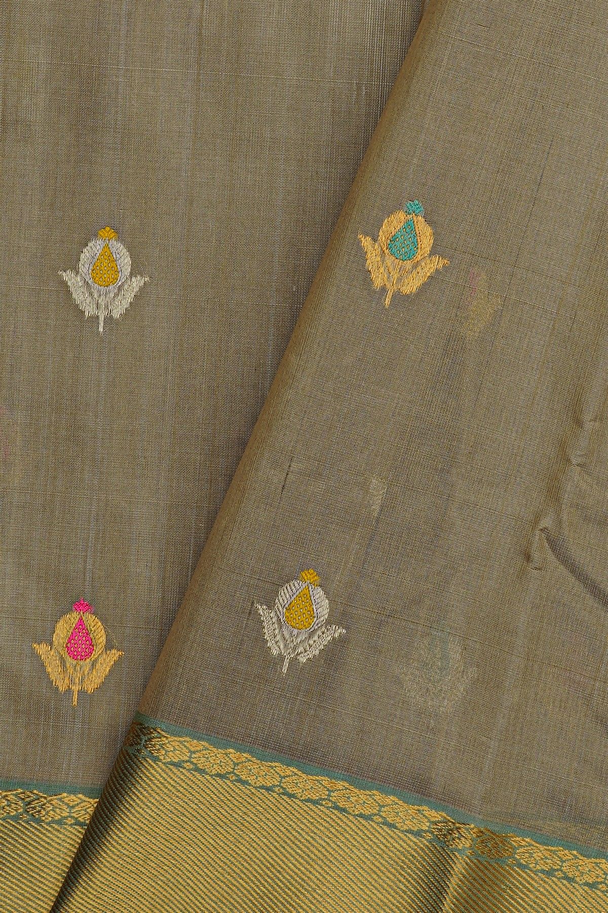 Chanderi Silk Beige Saree With Meenakari Zari Buttis