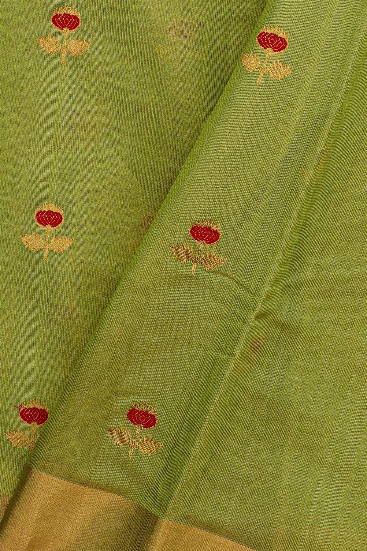 Chanderi Silk Green Saree With Meenakari Zari Buttis Kaddi Border