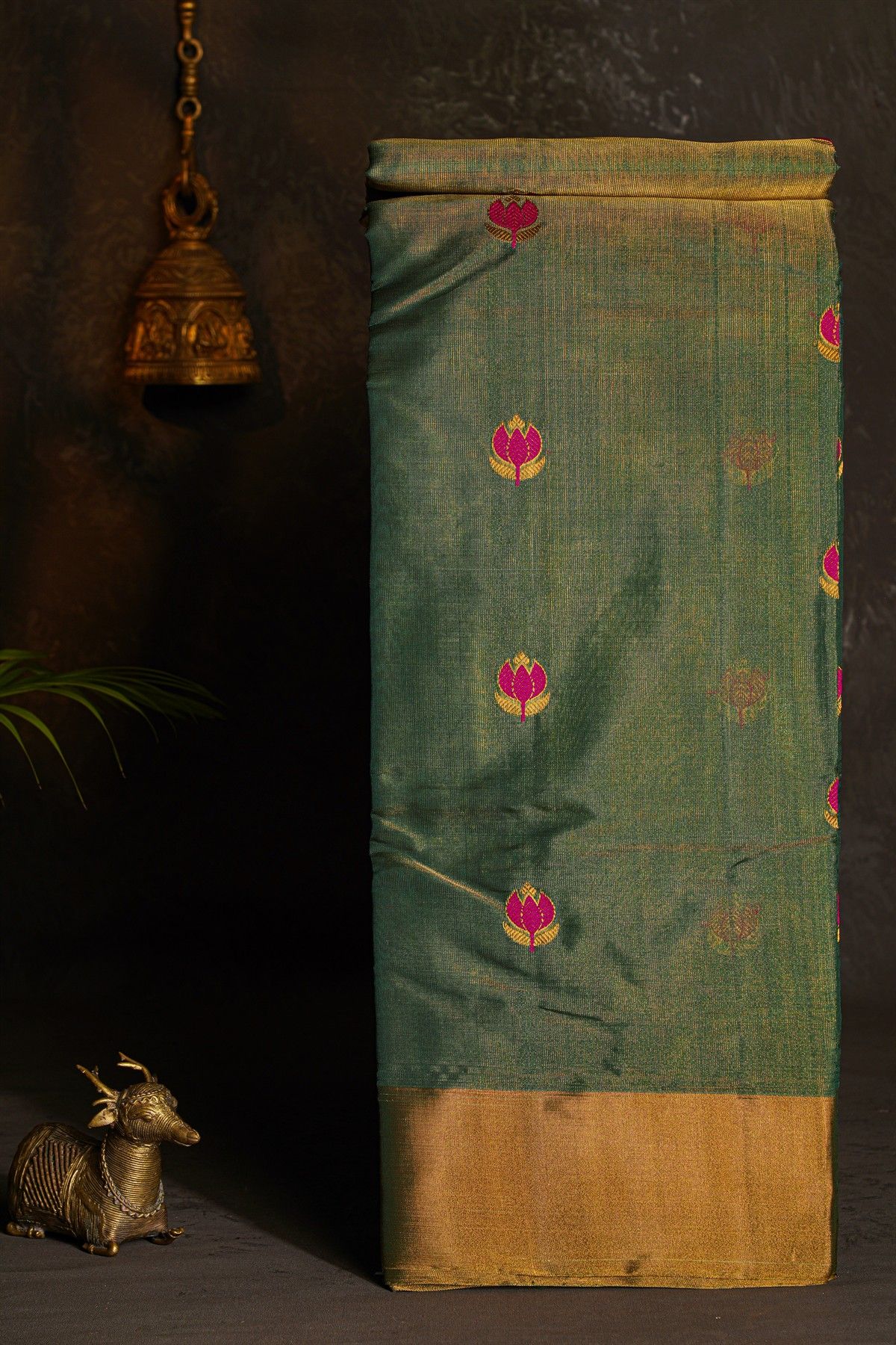 Chanderi Silk Bottle Green Saree With Meenakari Florals And Kaddi Border