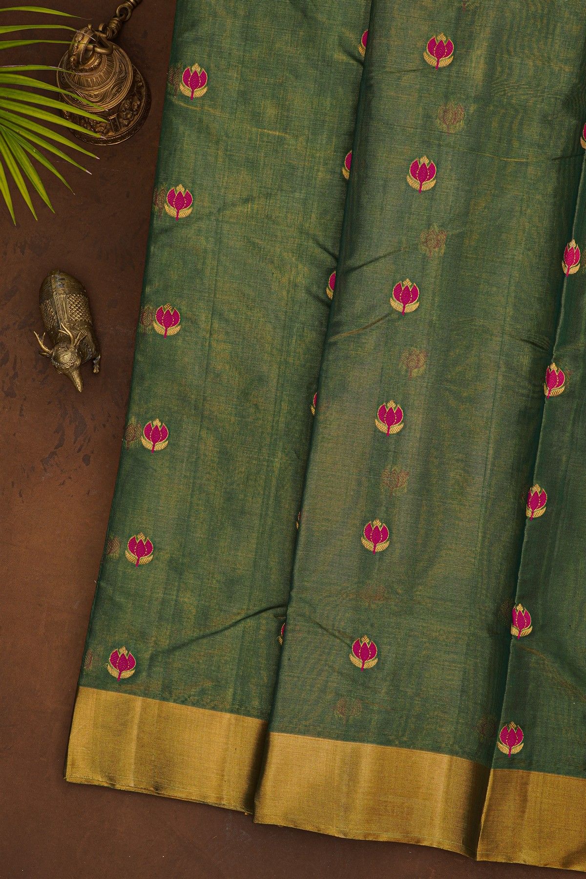 Chanderi Silk Bottle Green Saree With Meenakari Florals And Kaddi Border